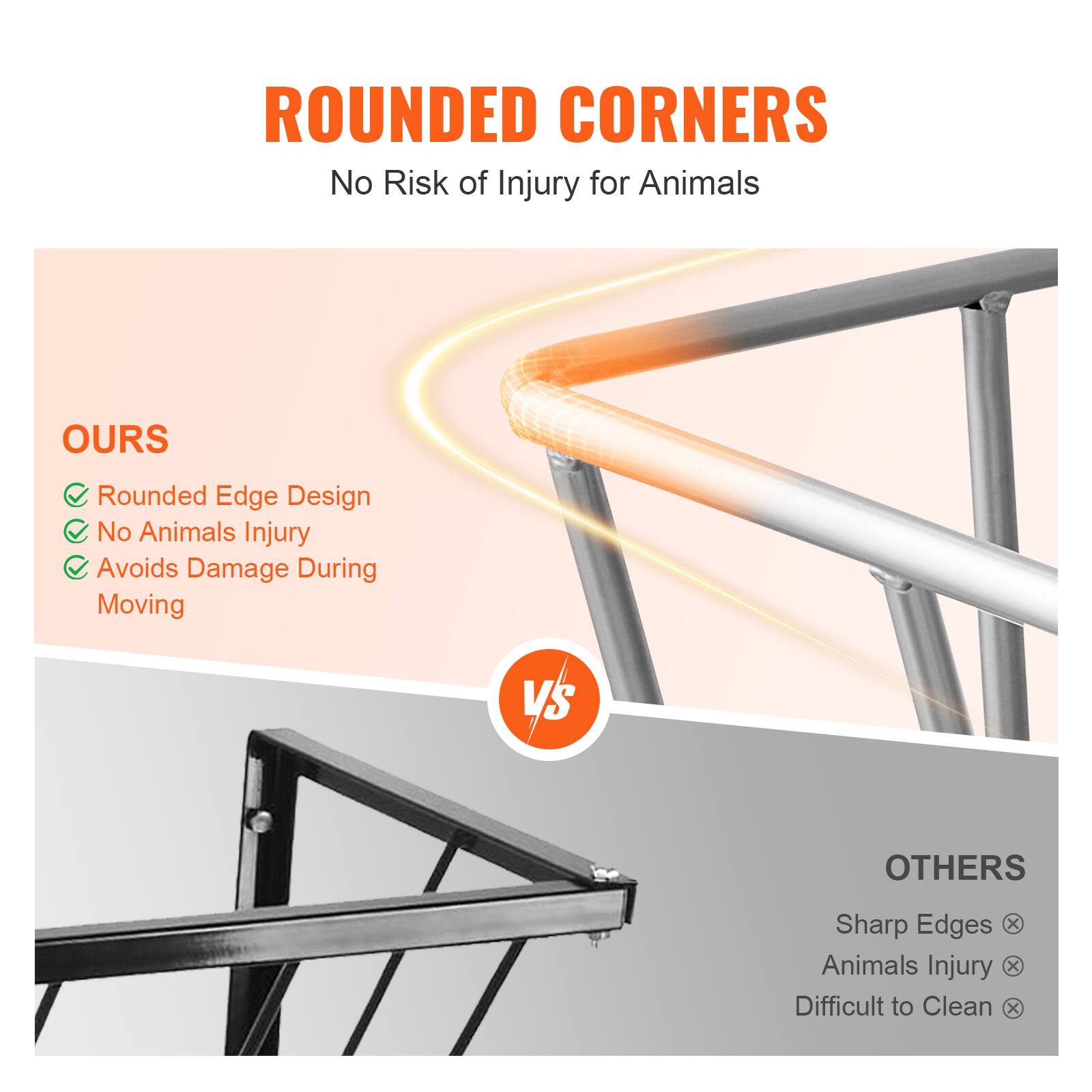 **ROUNDED CORNERS**  
No Risk of Injury for Animals

**OURS**  
- Rounded Edge Design  
- No Animals Injury  
- Avoids Damage During Moving  

**VS**  

**OTHERS**  
- Sharp Edges  
- Animals Injury  
- Difficult to Clean
