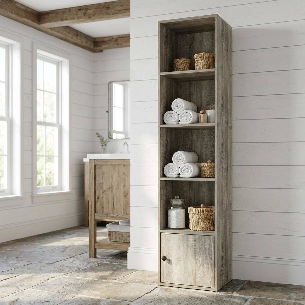 Angle. FurniFact - 5-Tier Shelf Bookcase with Door Storage Cabinet for Living Room - French Oak.