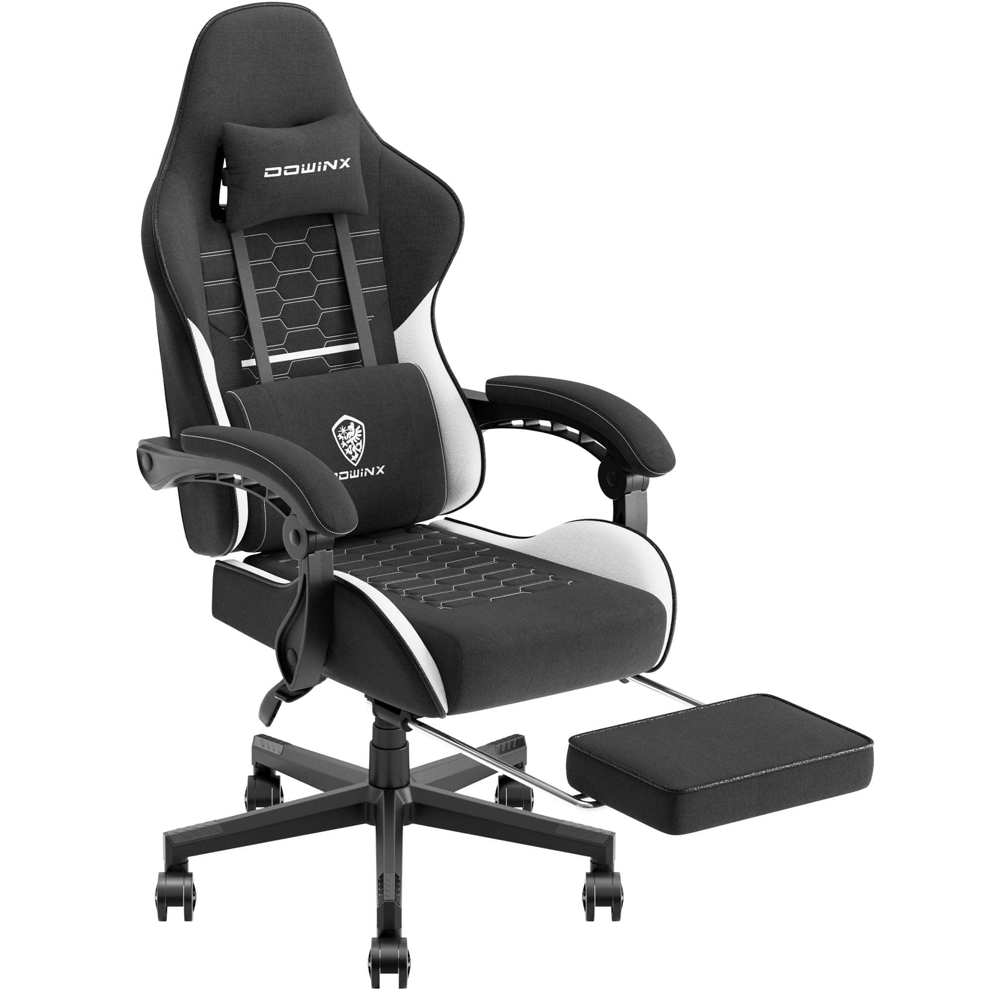 Dowinx - Fabric Gaming Chair with Massage Lumbar Support, Ergonomic Office Chair with Adjustable Headrest and Footrest, 280LB - Black&White