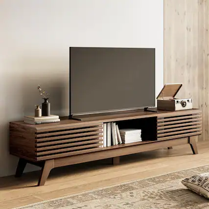 Front. AODK - 70.8" TV Stand for 55 to 75 Inch TVs, Mid-Century Modern Fluted Entertainment Center with Sliding Doors & Storage Cabine - Walnut.