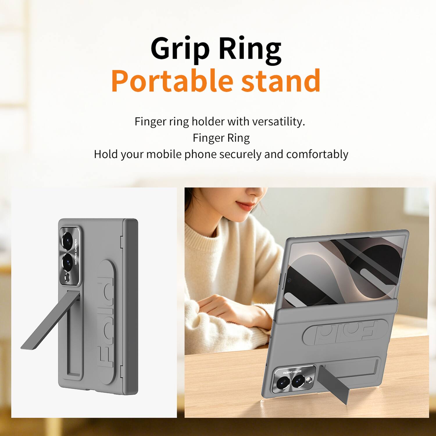Grip Ring Portable stand

Finger ring holder with versatility. Finger Ring Hold your mobile phone securely and comfortably