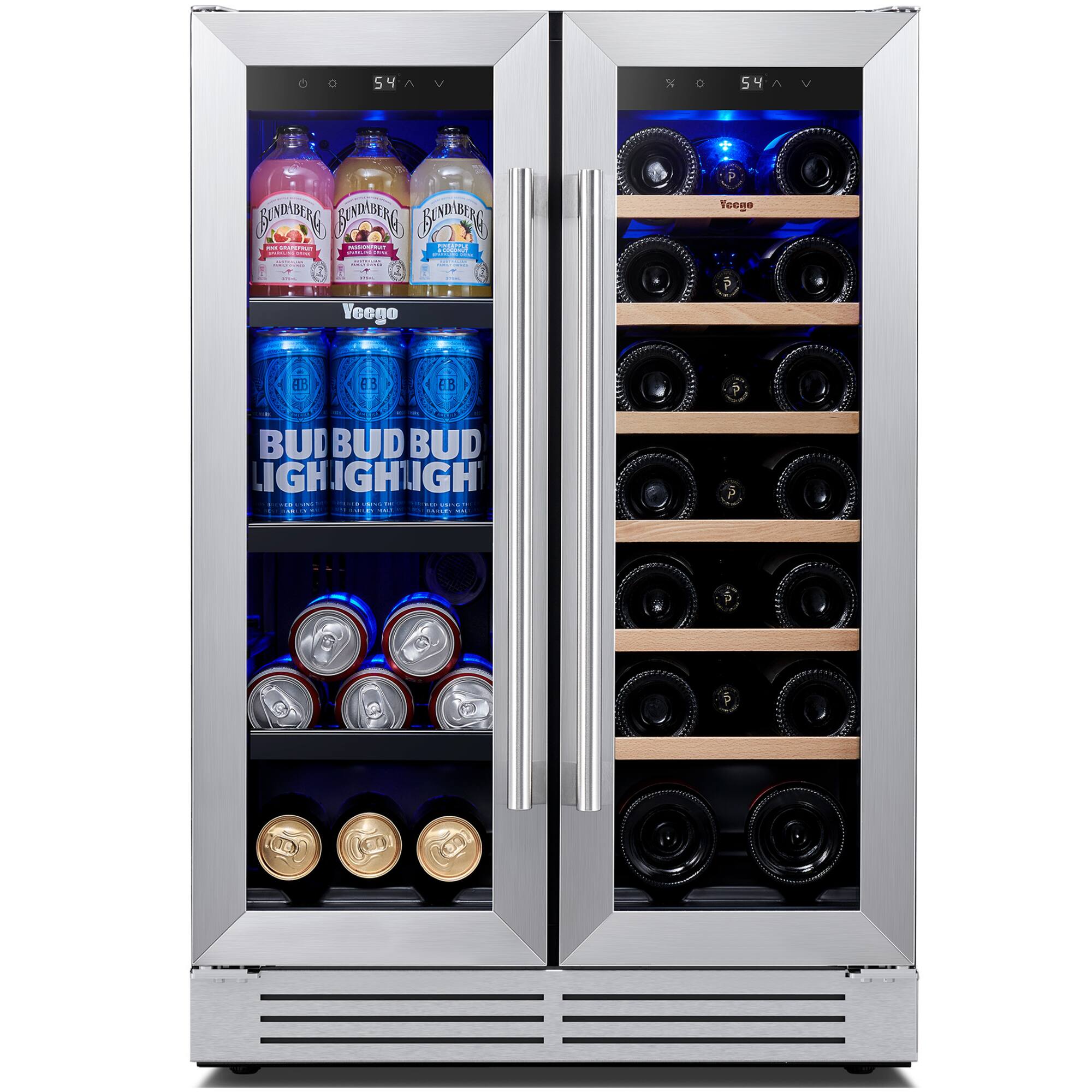 Yeego - 24 inch Dual Zone Wine and Beverage Cooler Wine Fridge 18Bottle + 60Can 36-72°F Built in Glass Door for Home Bar - Stainless Steel