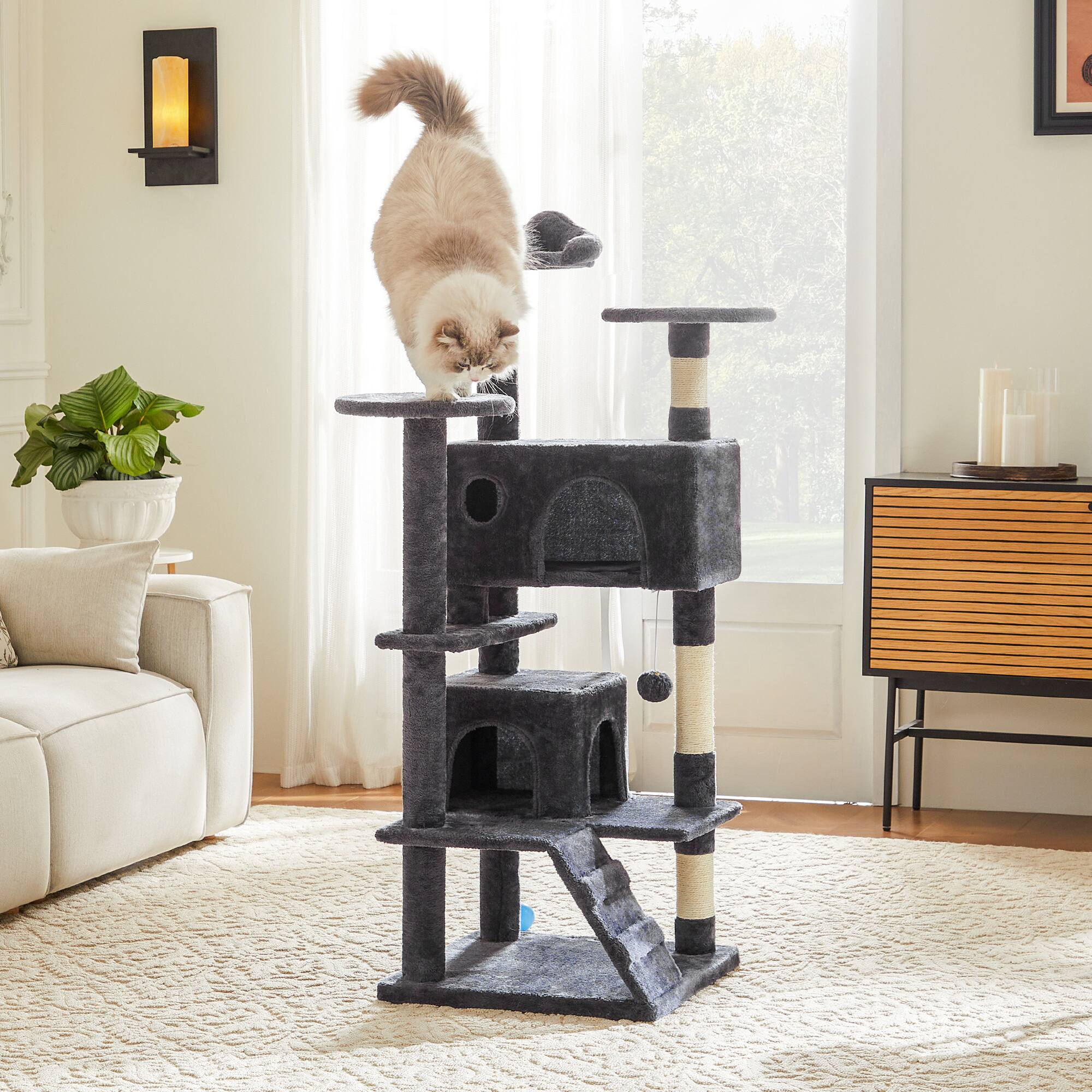 Angle. AENKYO - 70" Tall Cat Tree Multi-Cat Climbing Pet House with Scratching Post for Indoor - Gray.
