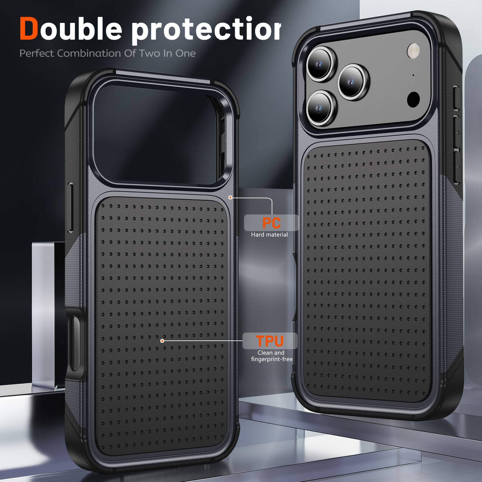 Double protection  
Perfect Combination Of Two In One

PC  
Hard material

TPU  
Clean and fingerprint-free