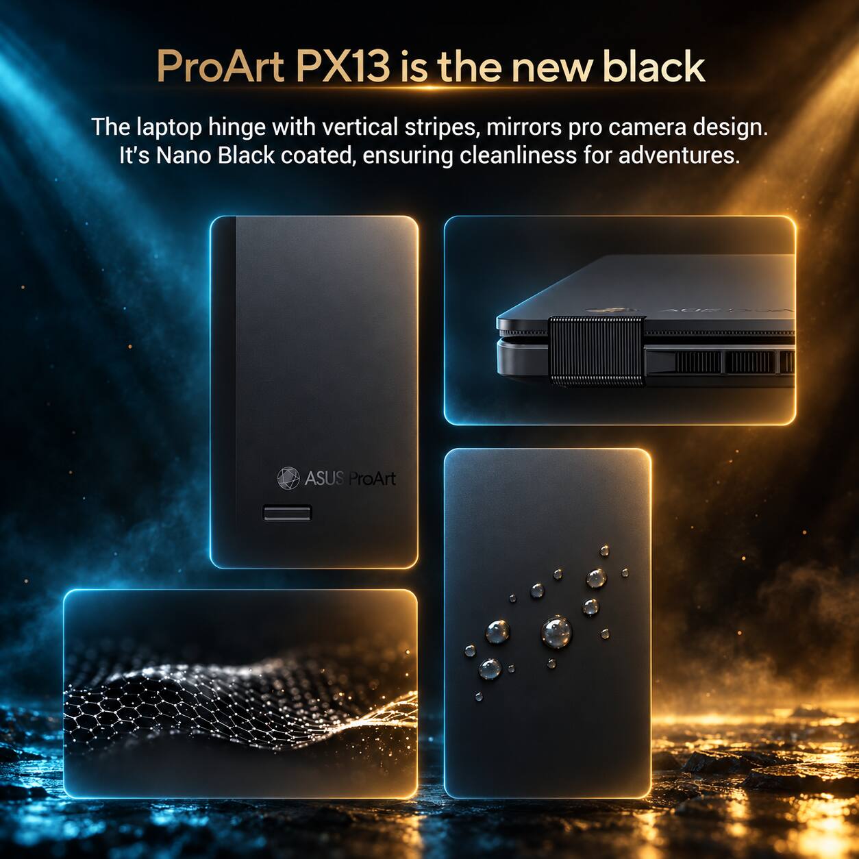 ProArt PX13 is the new black

The laptop hinge with vertical stripes, mirrors pro camera design. It's Nano Black coated, ensuring cleanliness for adventures.

ASUS ProArt