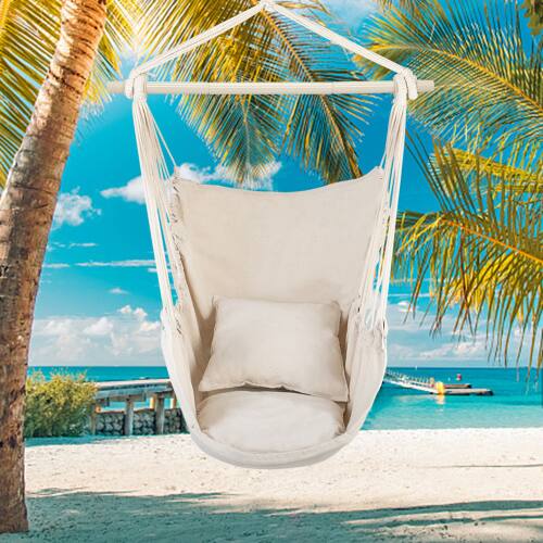 Alt View 5. Winado - Hammock Chair Hanging Rope Swing, Macrame Hammock Swing Seat with 2 Cushions, Portable Steel Spreader Bar for In/Outdoor - Beige.