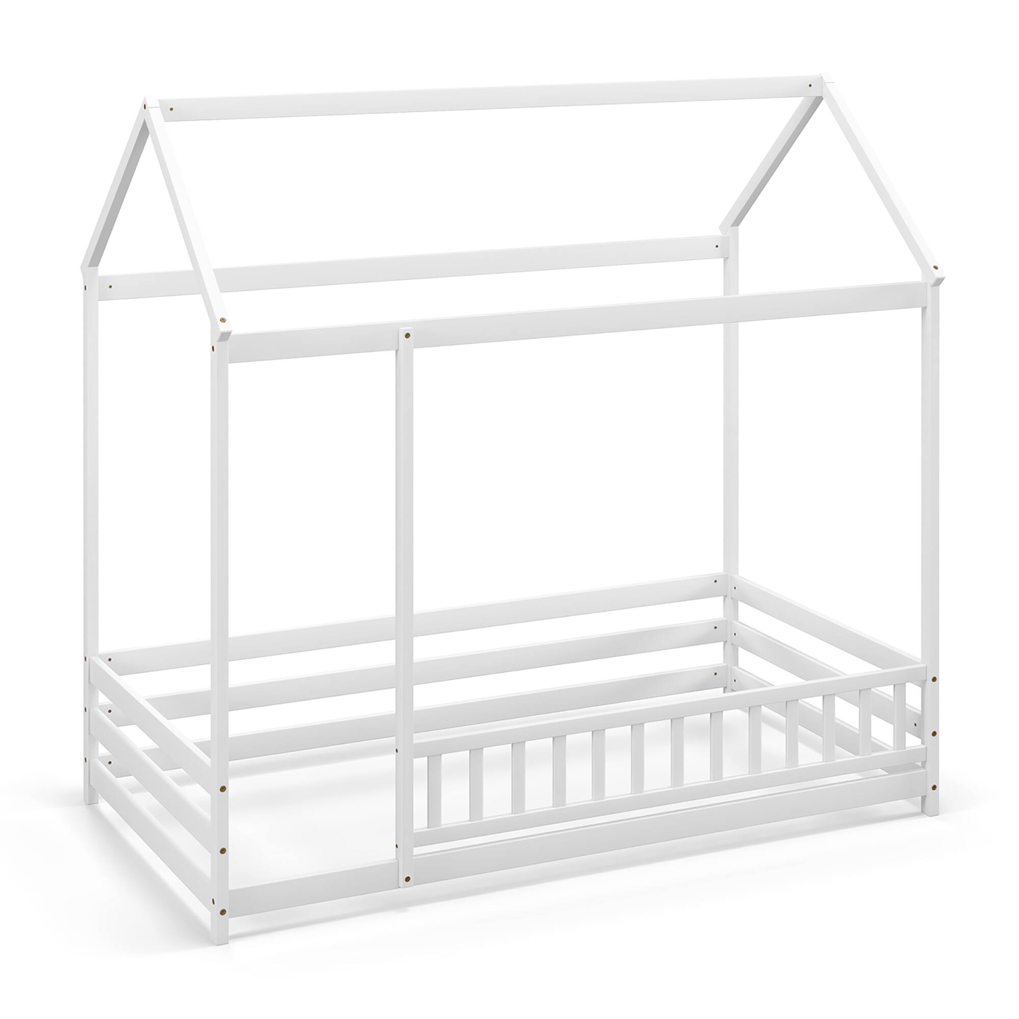 Alt View 1. Gymax - Gymax Twin Size House Bed w/ Roof & Full-length Safety Guardrail Playhouse Bed Frame White - White.