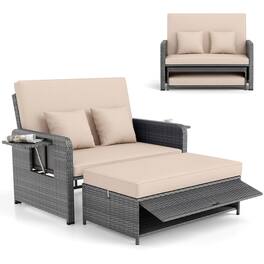 Gymax - Rattan Daybed Wicker Loveseat Sofa Set w/ Ottoman & Retractable Side Tray Patio - Brown