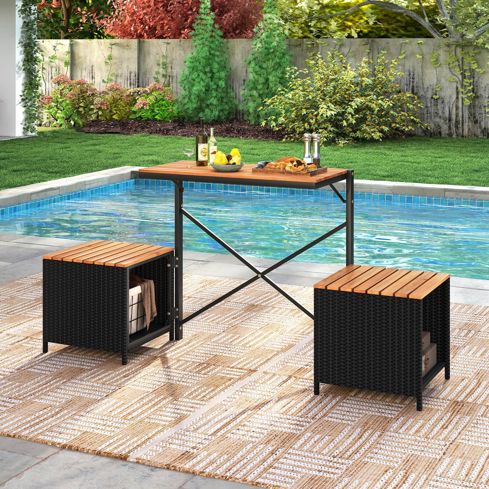 Alt View 3. Costway - Costway 2-in-1 Outdoor Convertible Bench with Metal Frame PE Rattan Table and Chairs Set - Beige.