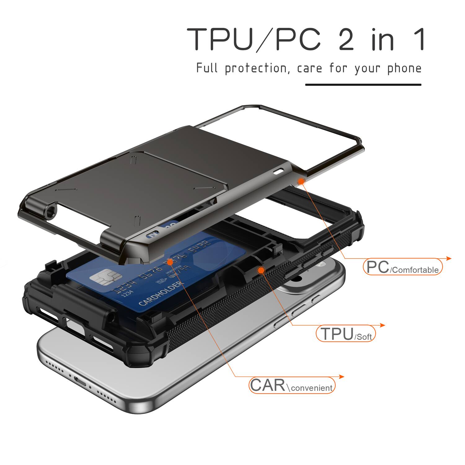 TPU/PC 2 in 1 Full protection, care for your phone

PC/Comfortable

TPU/Soft

CAR/convenient