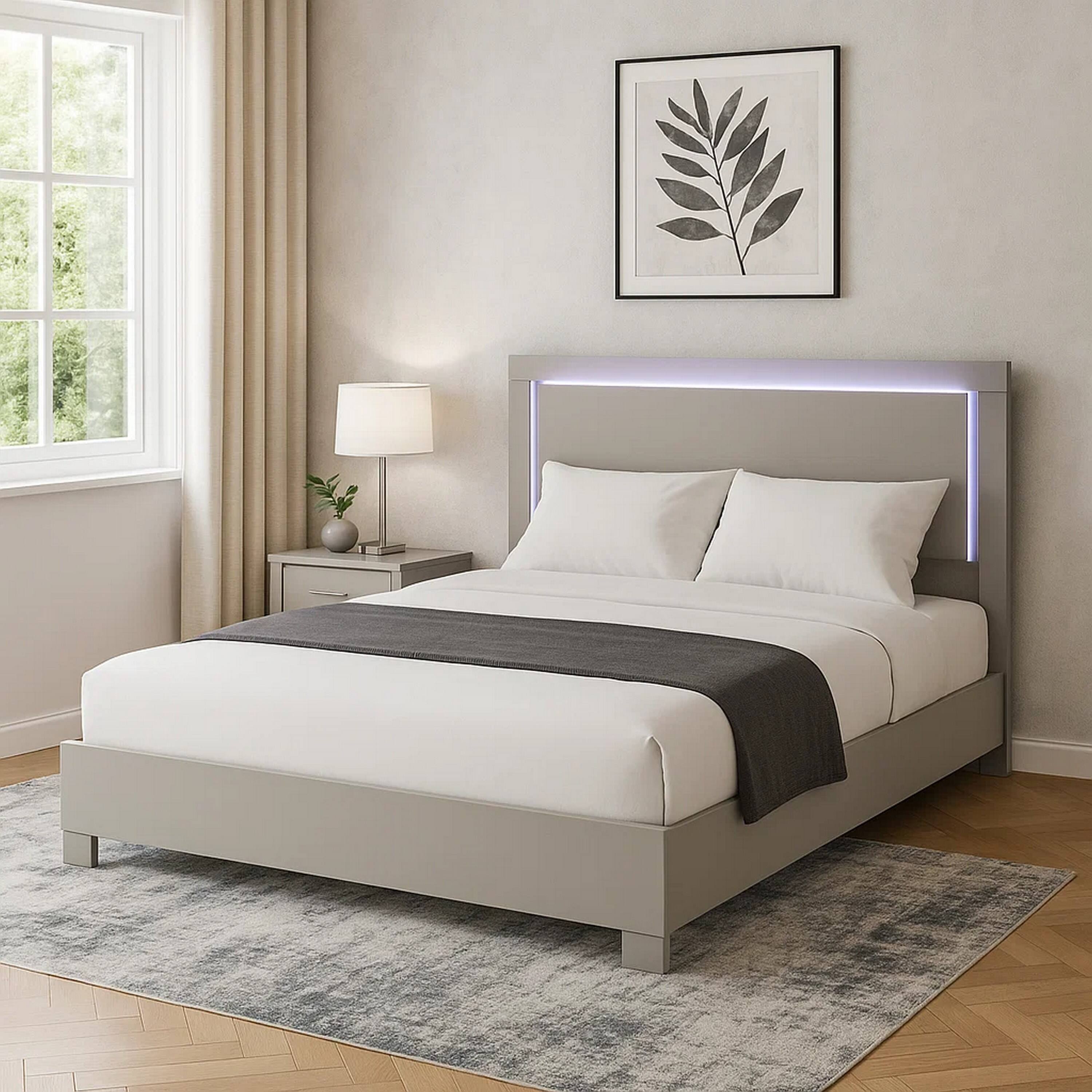 Alt View 5. Manhattan Lane - Suni King Size Bed w LED Headboard, Light Taupe Gray Wood Frame - Light Taupe Gray, Chrome Silver.