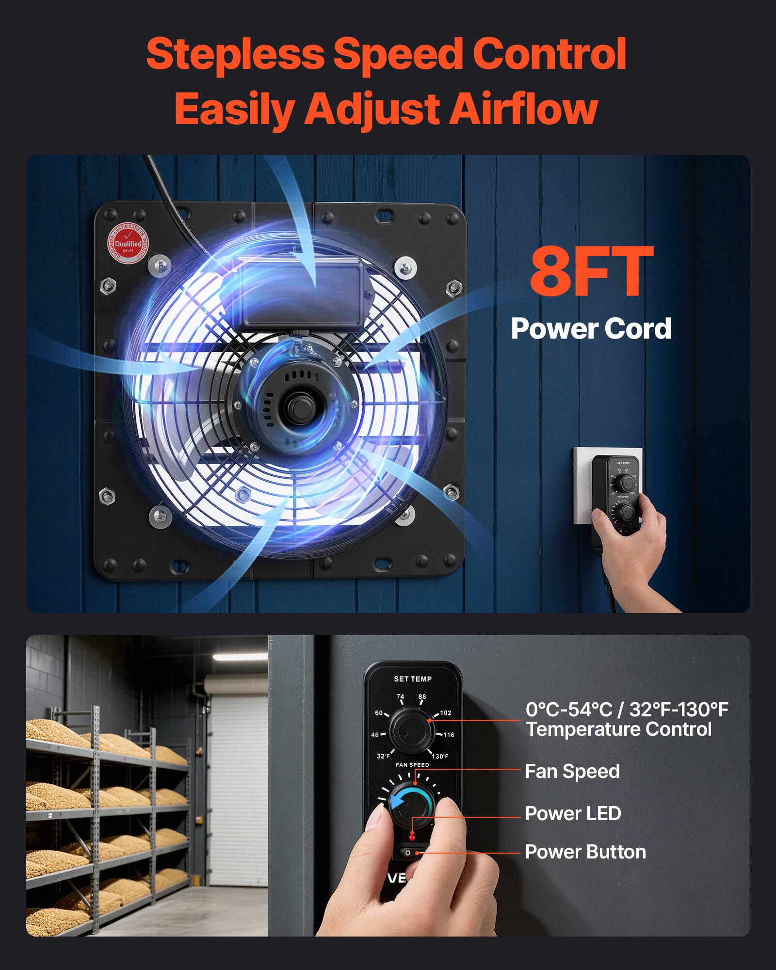 Stepless Speed Control Easily Adjust Airflow  
SEUC J Dualified STAC  
8FT Power Cord  
SET TEMP 40 - 45  
0°C-54°C / 32°F-130°F  
Temperature Control  
Fan Speed  
Power LED  
Power Button