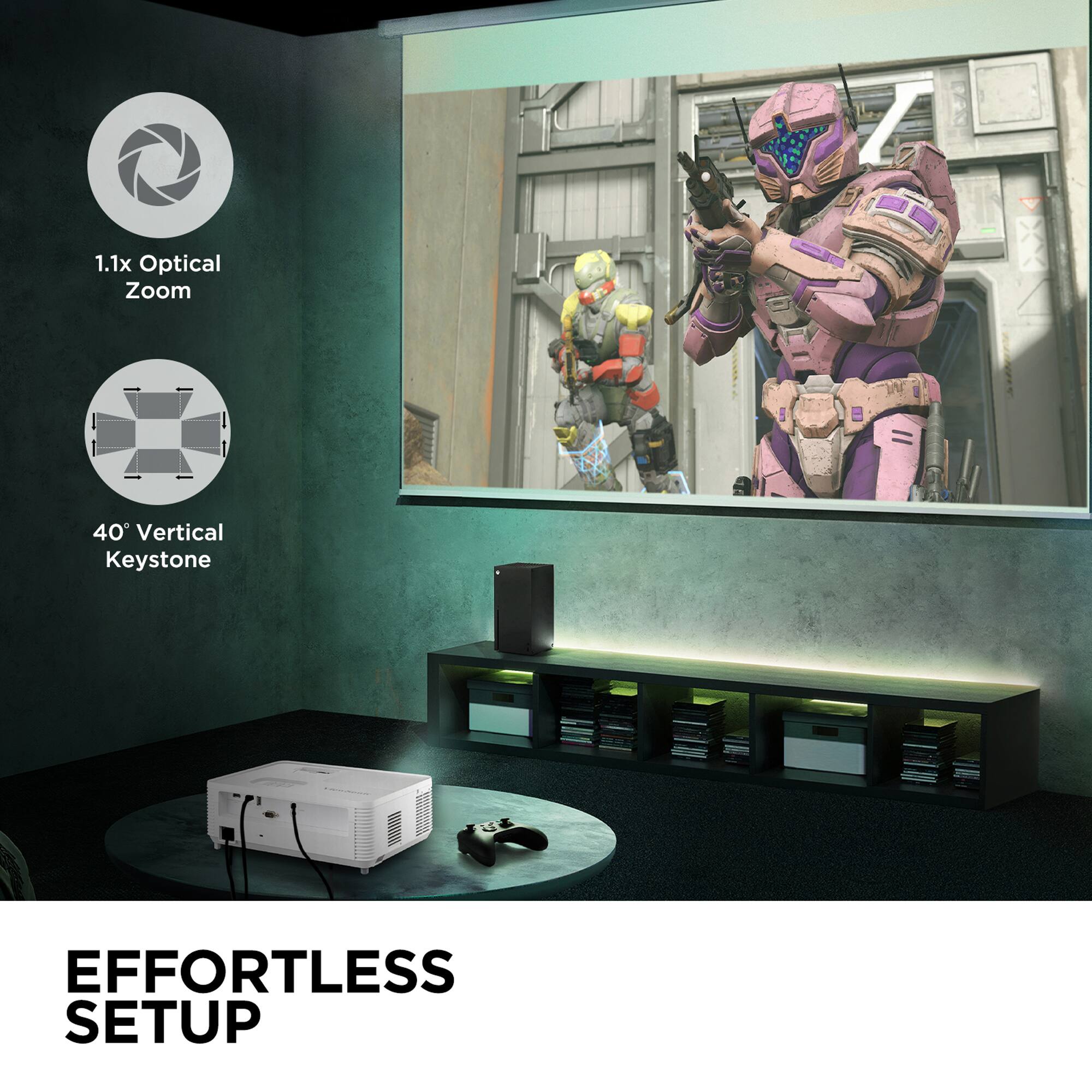The text on the image reads: "1.1x Optical Zoom 40 Vertical Keystone Effortless Setup."