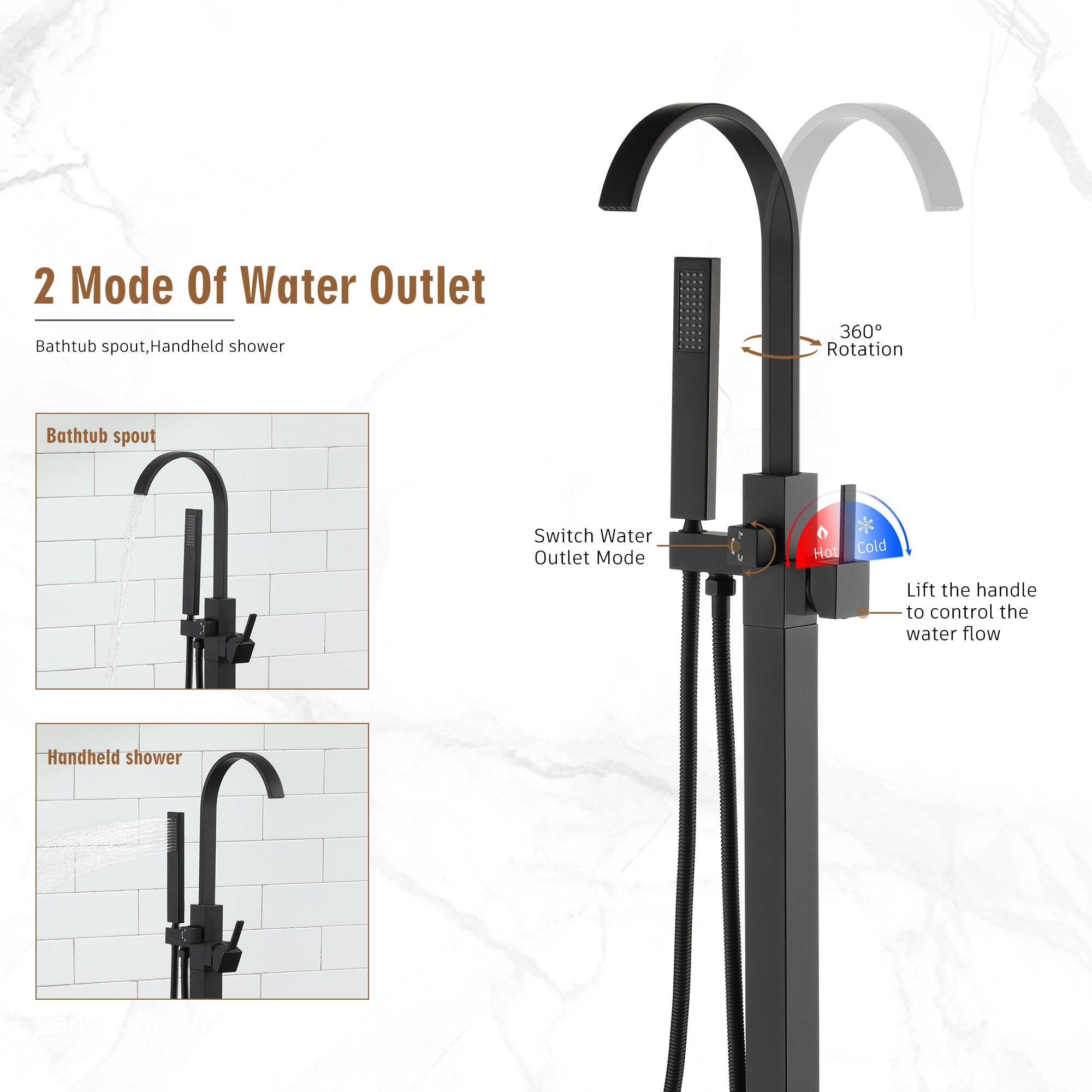 2 Mode Of Water Outlet

Bathtub spout, Handheld shower

360° Rotation

Bathtub spout

Switch Water Outlet Mode

Lift the handle to control the water flow

Handheld shower