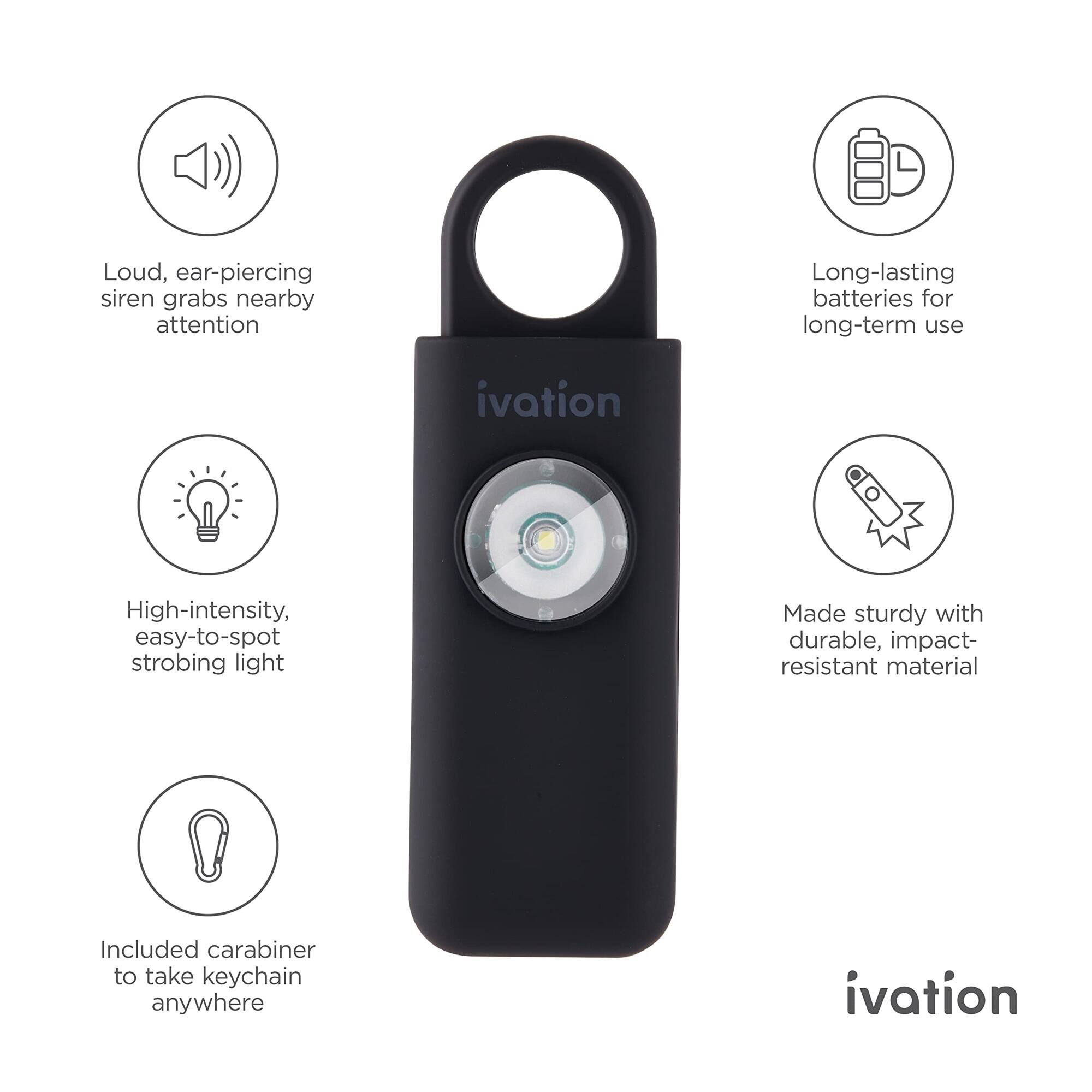 Loud, ear-piercing siren grabs nearby attention

Long-lasting batteries for long-term use

High-intensity, easy-to-spot strobing light

Made sturdy with durable, impact-resistant material

Included carabiner to take keychain anywhere