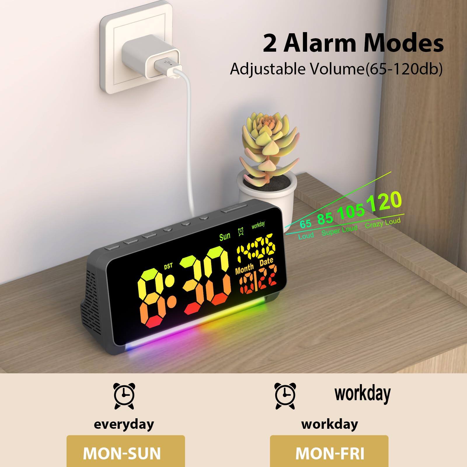 2 Alarm Modes  
Adjustable Volume (65-120db)  

everyday  
MON-SUN  

workday  
MON-FRI  

65 85 105 120  
Loud Super Loud Crazy Loud