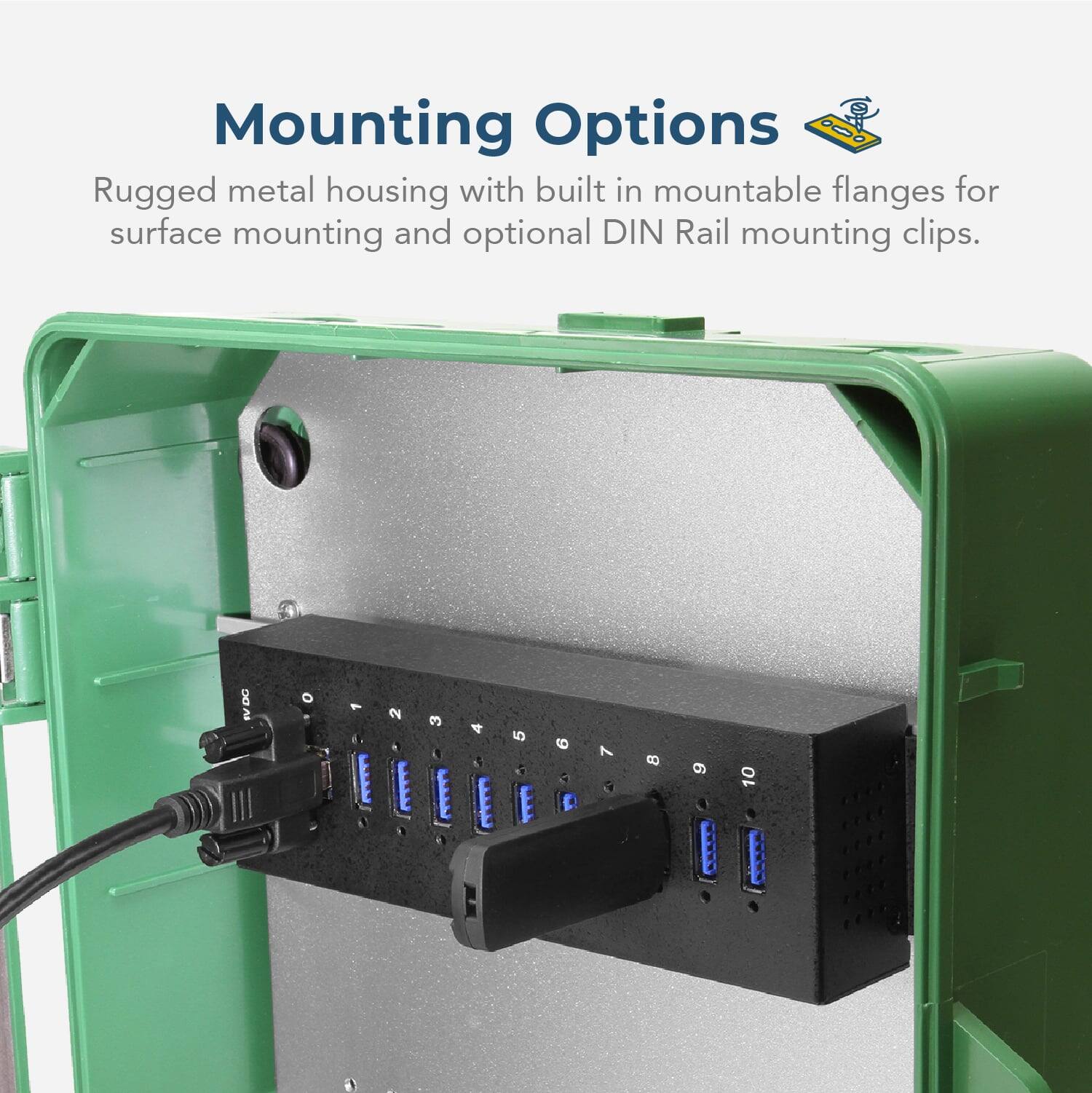 Mounting Options

Rugged metal housing with built-in mountable flanges for surface mounting and optional DIN Rail mounting clips.