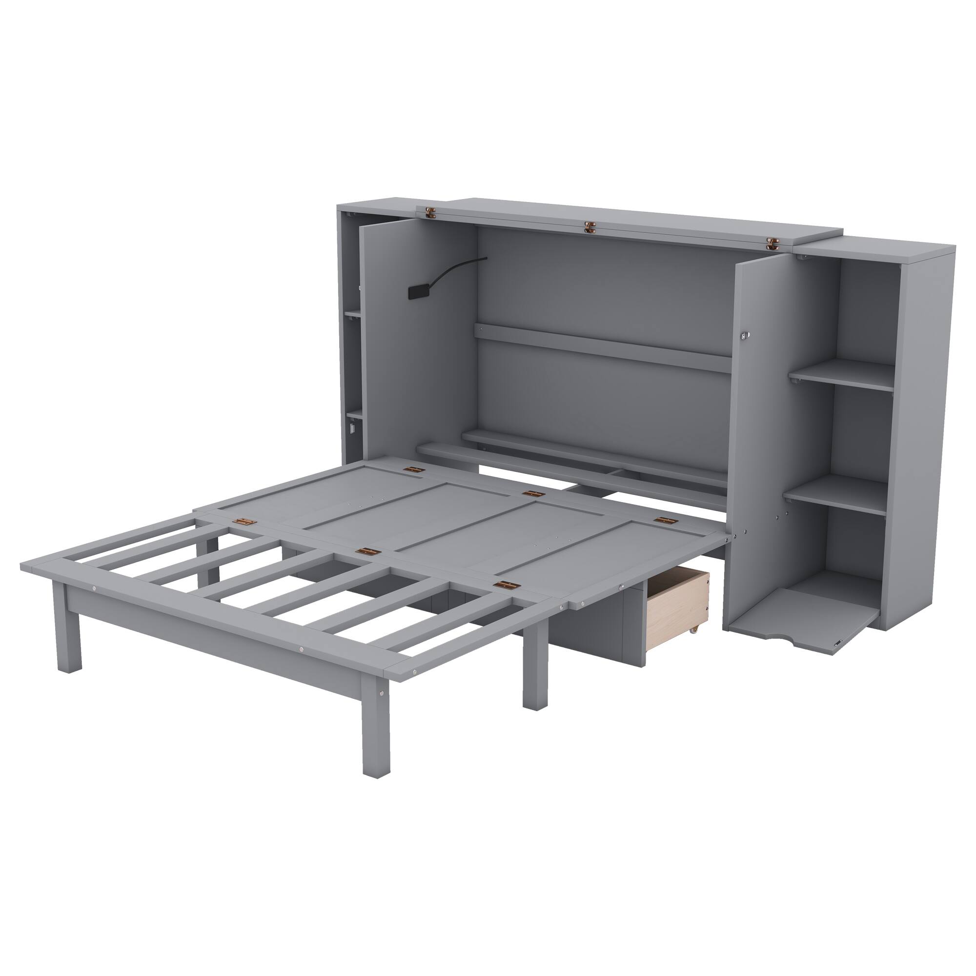 Alt View 1. Tiramisubest - Full Size Gray Murphy Bed with Shelves, Drawers, USB Ports, 93x76x44 inches, Space-saving - Gray.