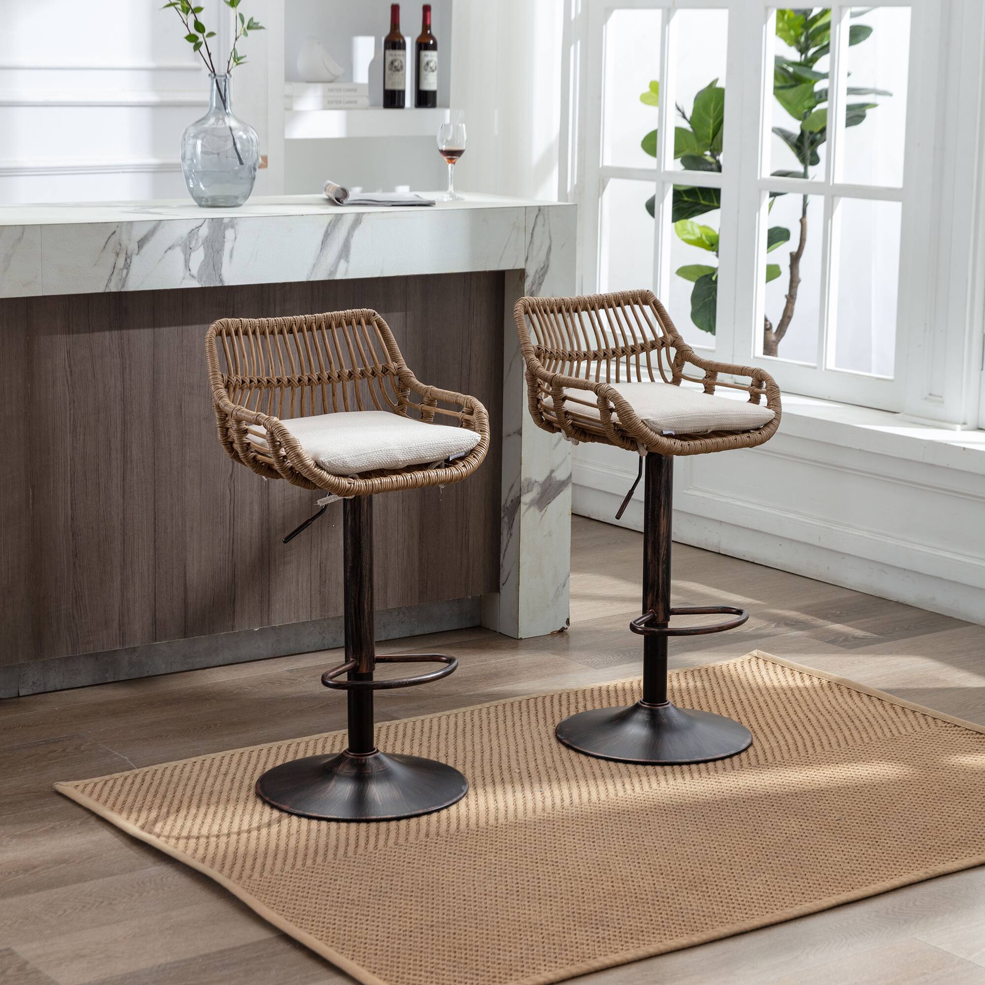 Back. Trinkets Crazed - Rattan Bar Stools Set of 2, Adjustable Barstools with Linen Cushion, 360° Swivel Bar Stool for Kitchen and Bar - Beige.