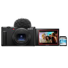 A Sony camera is shown with a microphone attached to it. The camera is displaying a picture of a group of people. The camera is accompanied by a Kingston memory card, which is 64GB in size.