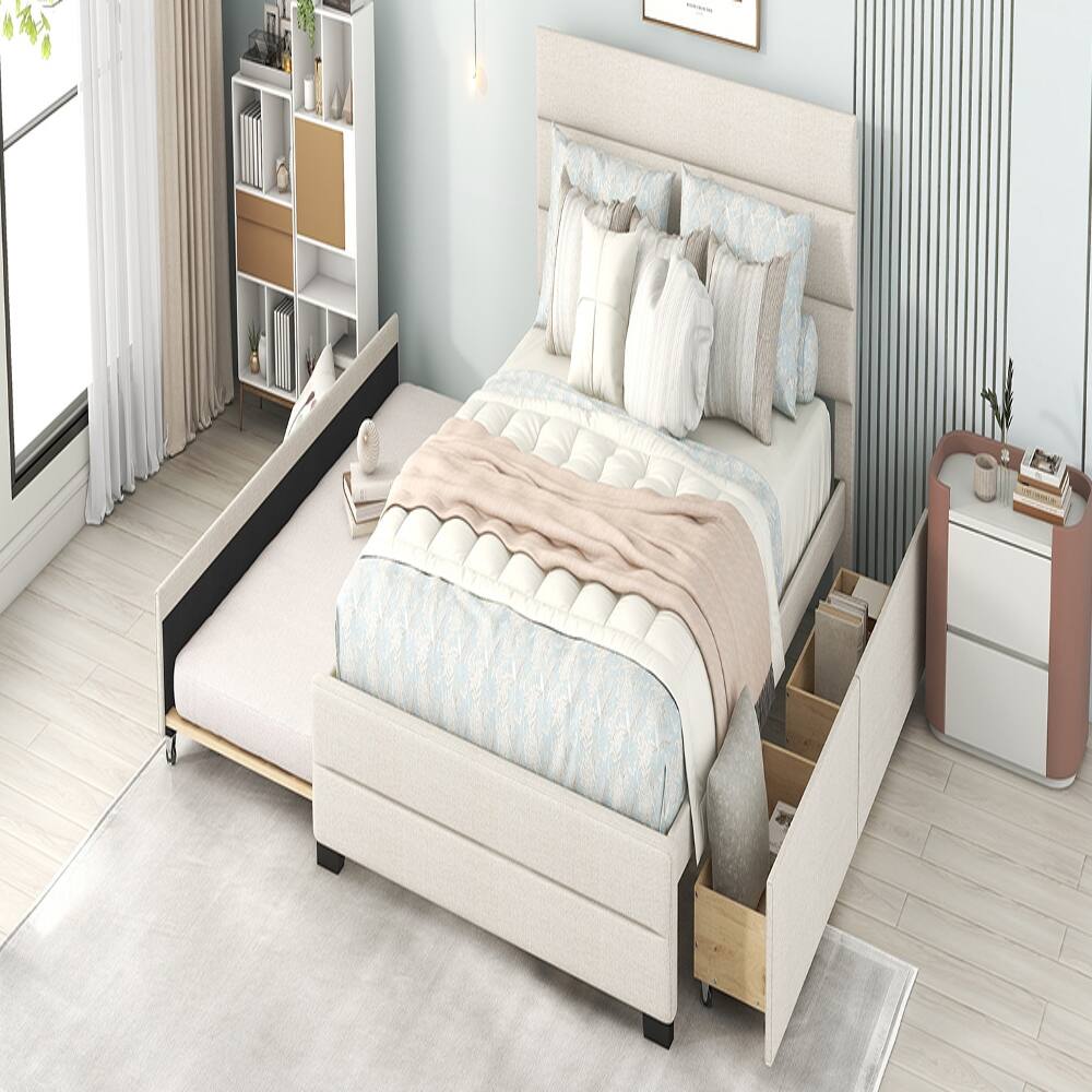 Alt View 3. Loheer - Loheer Queen Upholstered Platform Bed with Twin Trundle and 2 Storage Drawers, Beige Linen Bed Frame - Beige.