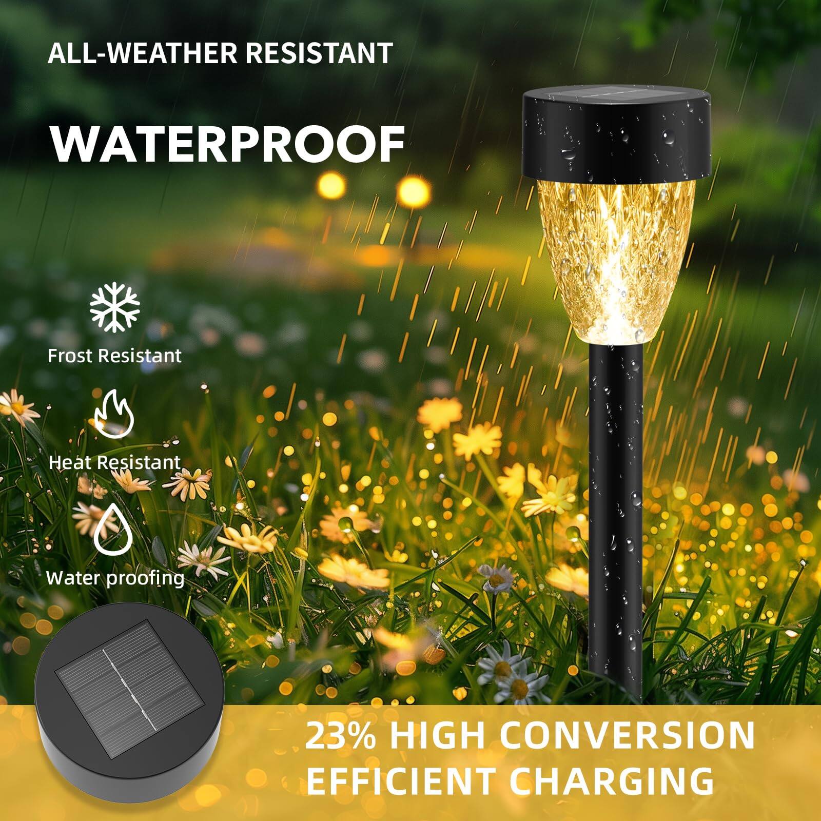ALL-WEATHER RESISTANT  
WATERPROOF  

Frost Resistant  
Heat Resistant  
Waterproof  

23% HIGH CONVERSION EFFICIENT CHARGING