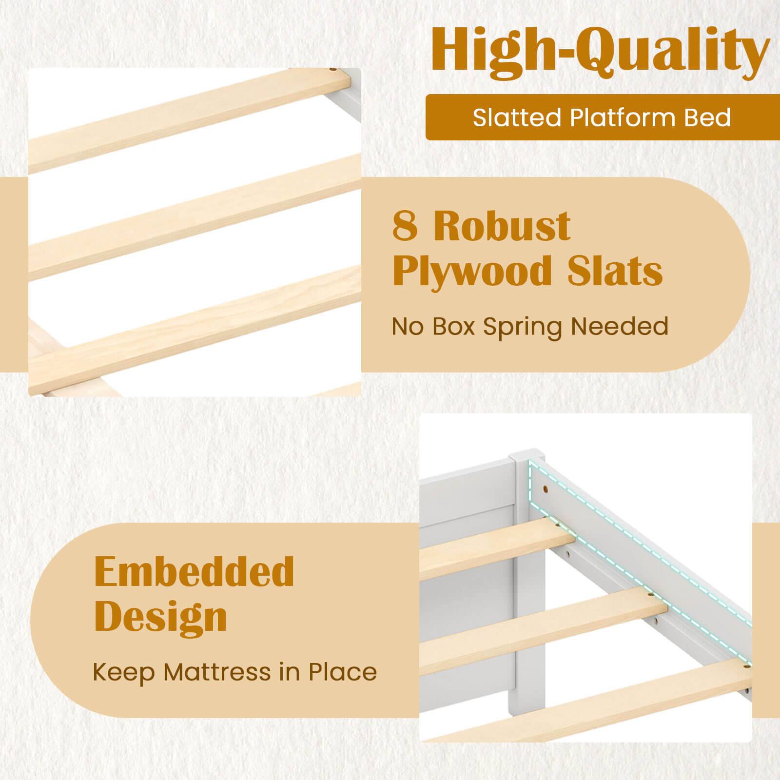 High-Quality Slatted Platform Bed

8 Robust Plywood Slats
No Box Spring Needed

Embedded Design
Keep Mattress in Place