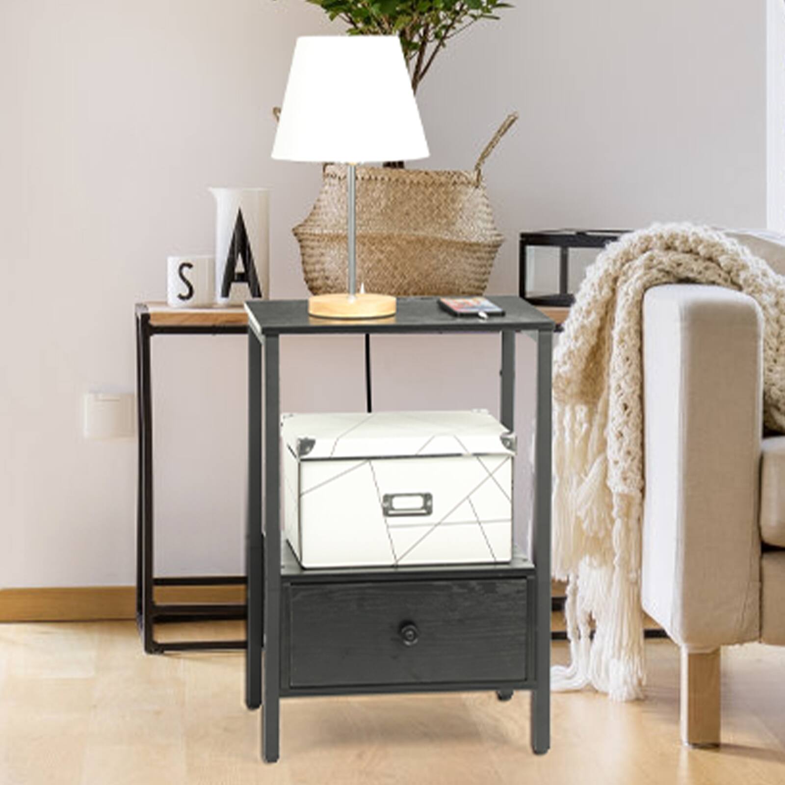 Back. Oumilen - Set of 2 End Table with Built-In Charging Station & Wood Drawer,  Black - Black.