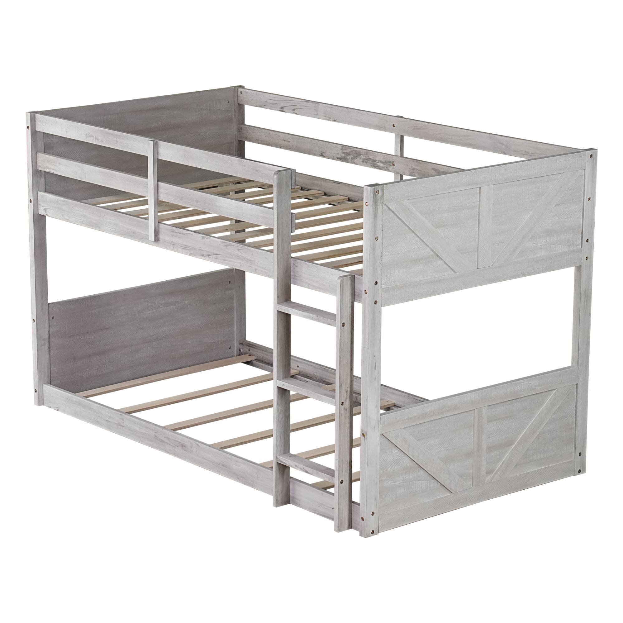 Alt View 10. GOODSILO - Solid Wood Twin Over Twin Floor Bunk Bed with Panelled Headboard and Footboard, Built-in Ladder and Safety Guardrails - Antique White.