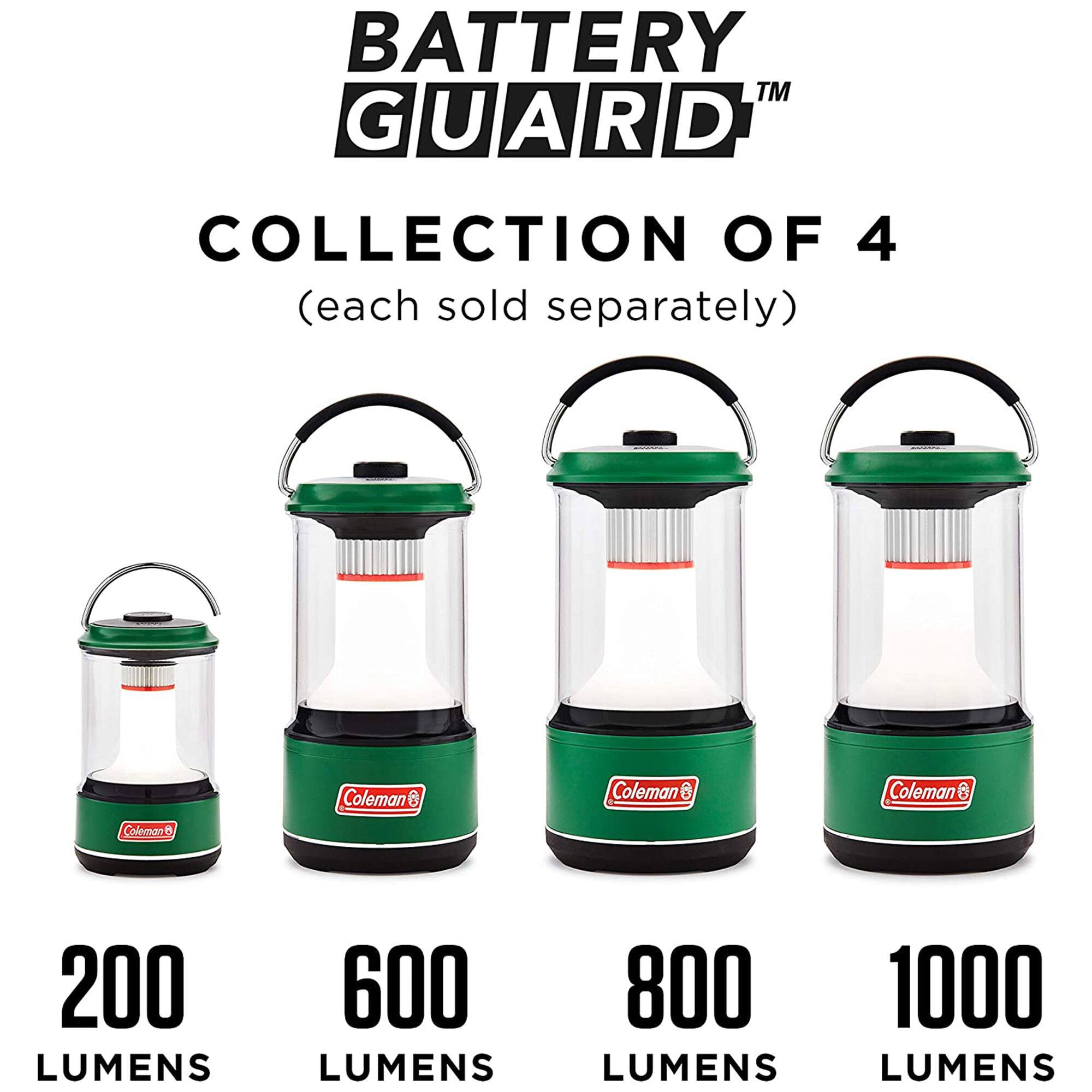 BATTERY GUARD™ COLLECTION OF 4 (each sold separately)  
Coleman  
200 LUMENS  
600 LUMENS  
800 LUMENS  
1000 LUMENS