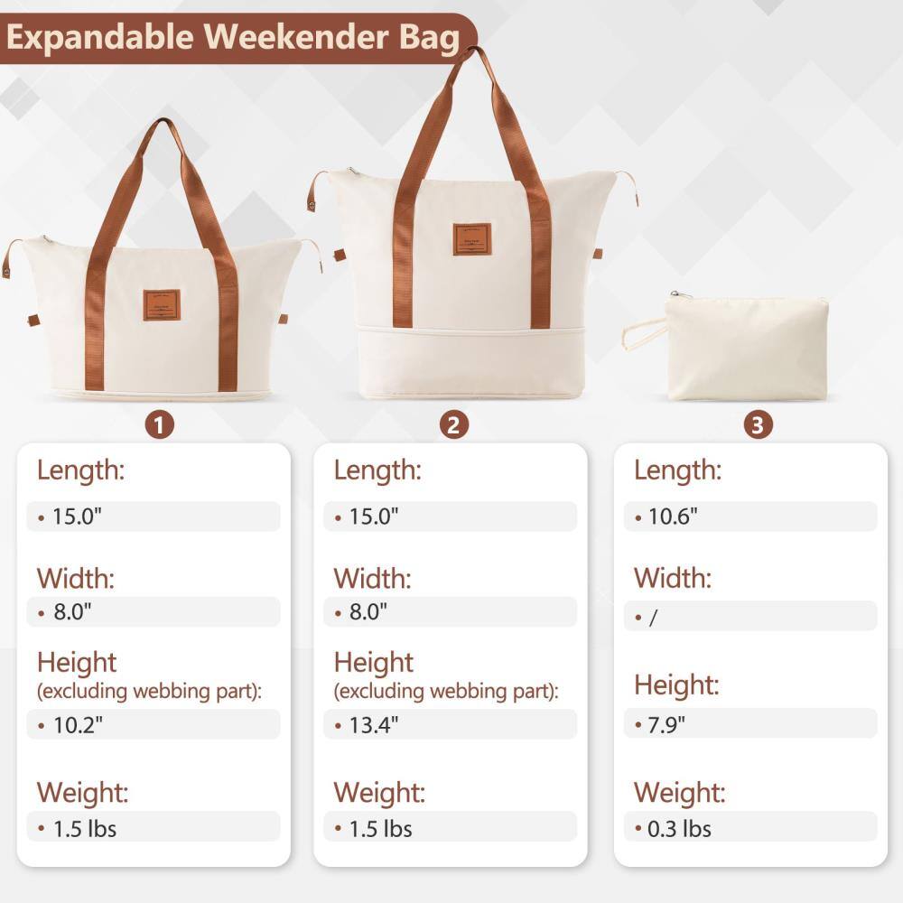 Expandable Weekender Bag

1. Length: 15.0"
   Width: 8.0"
   Height (excluding webbing part): 10.2"
   Weight: 1.5 lbs

2. Length: 15.0"
   Width: 8.0"
   Height (excluding webbing part): 13.4"
   Weight: 1.5 lbs

3. Length: 10.6"
   Width: /
   Height: 7.9"
   Weight: 0.3 lbs