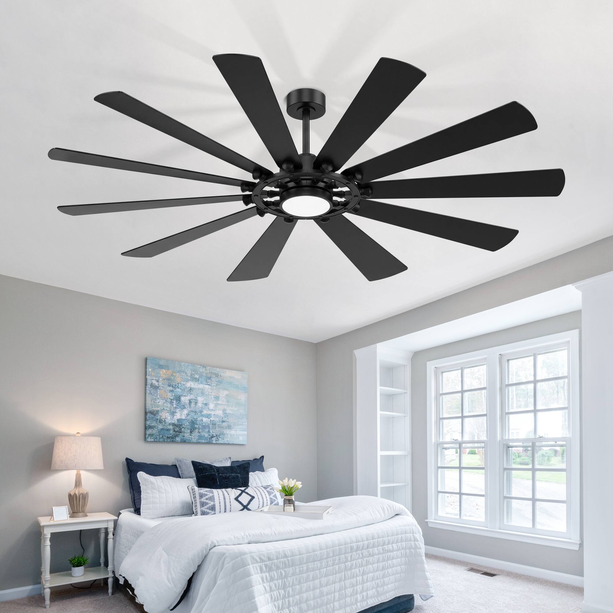 Left. Breezary - 62-Inch Large Ceiling Fan with 10 Plywood Blades, DC Motor, 6-Speed Remote, Tri-Color Dimmable LED, Dual Downrods - Matte Black.