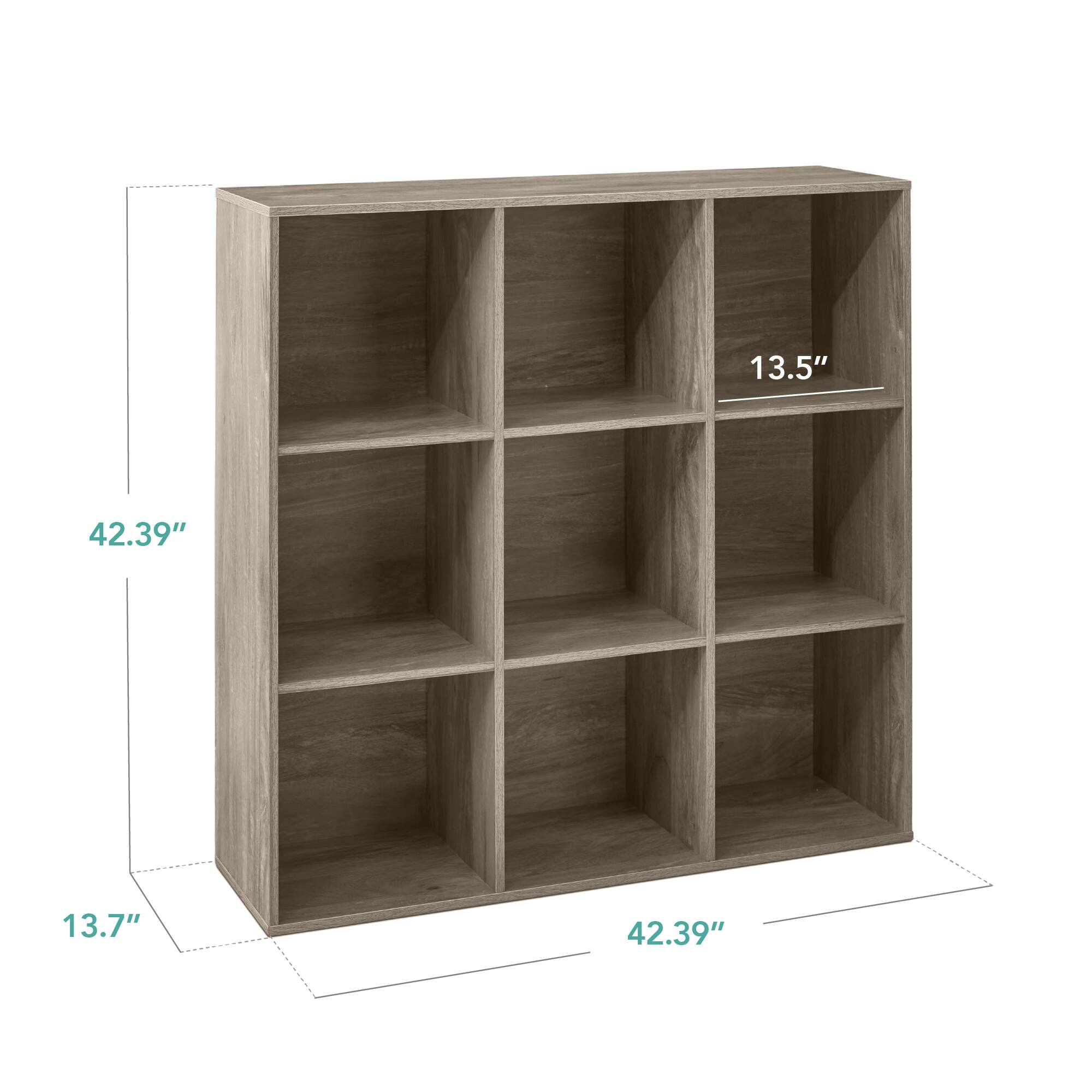 The dimensions of the shelf are:

- Height: 42.39"
- Width: 42.39"
- Depth: 13.7"
- Shelf thickness: 1.5"