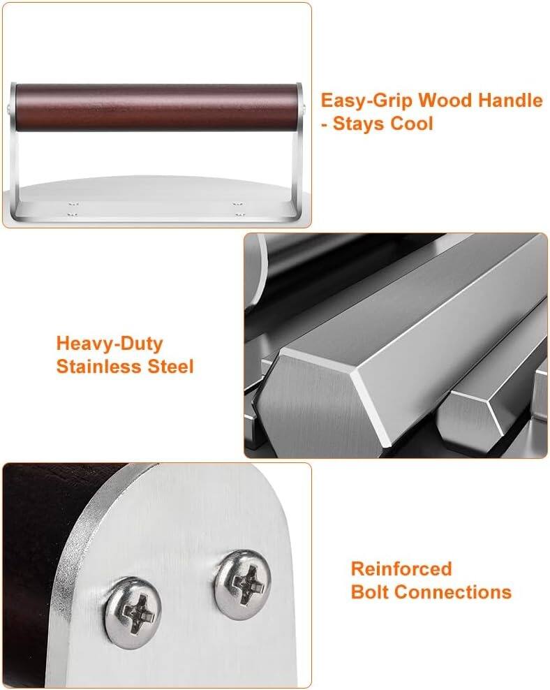 Easy-Grip Wood Handle - Stays Cool

Heavy-Duty Stainless Steel

Reinforced Bolt Connections