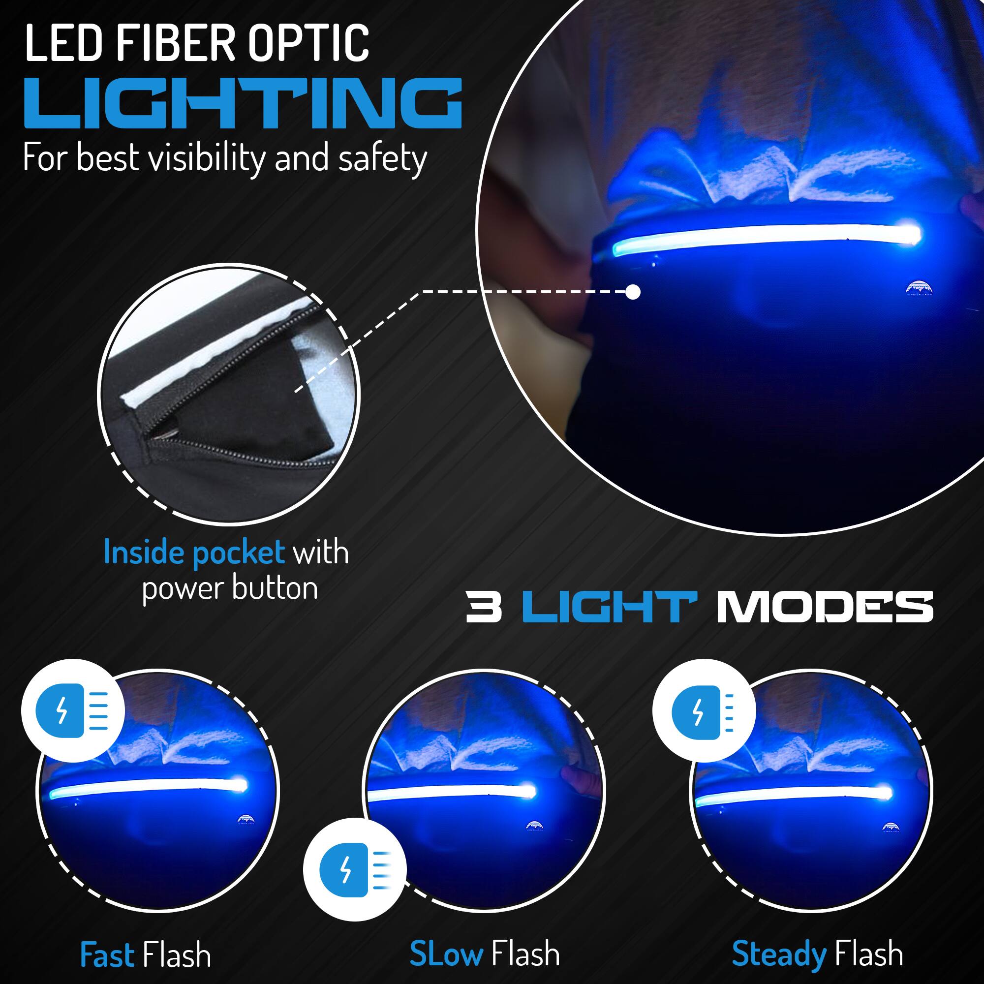 LED FIBER OPTIC LIGHTING  
For best visibility and safety  

Inside pocket with power button  

3 LIGHT MODES  
- Fast Flash  
- Slow Flash  
- Steady Flash