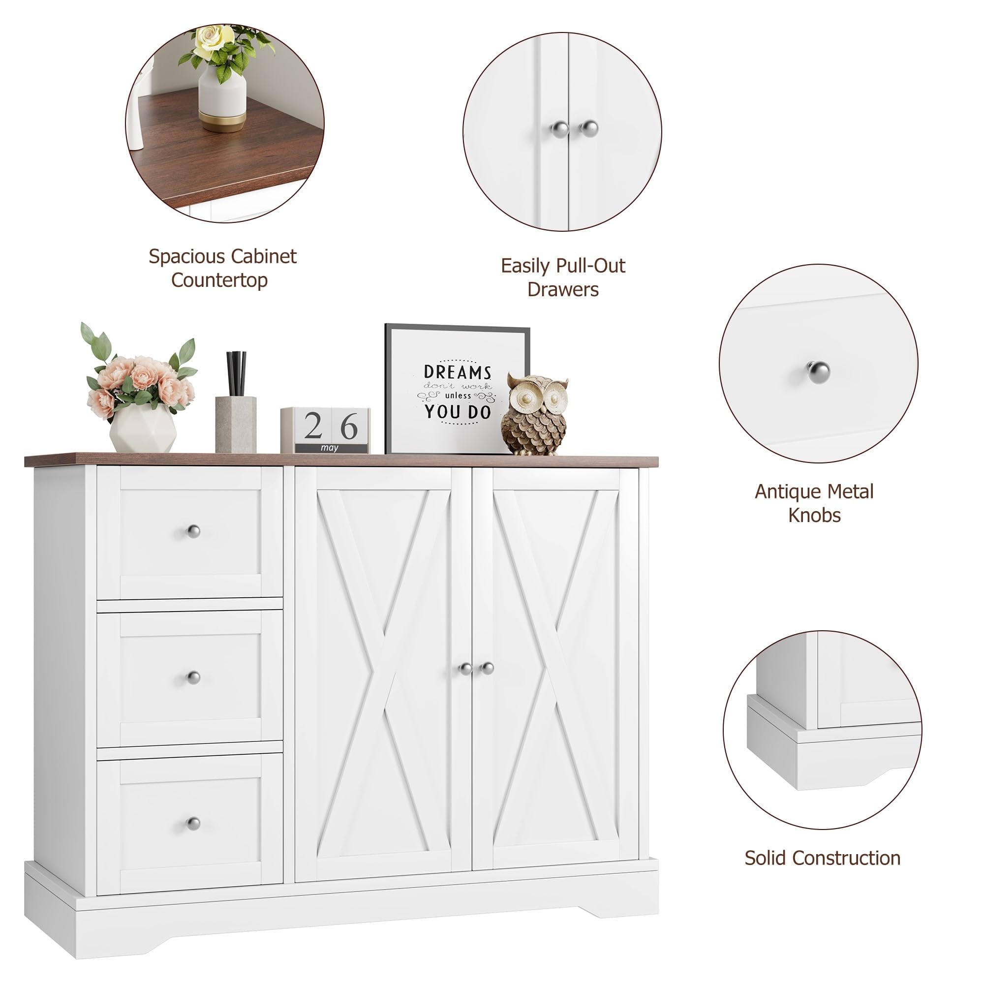 Spacious Cabinet Countertop  
Easily Pull-Out Drawers  
Antique Metal Knobs  
Solid Construction