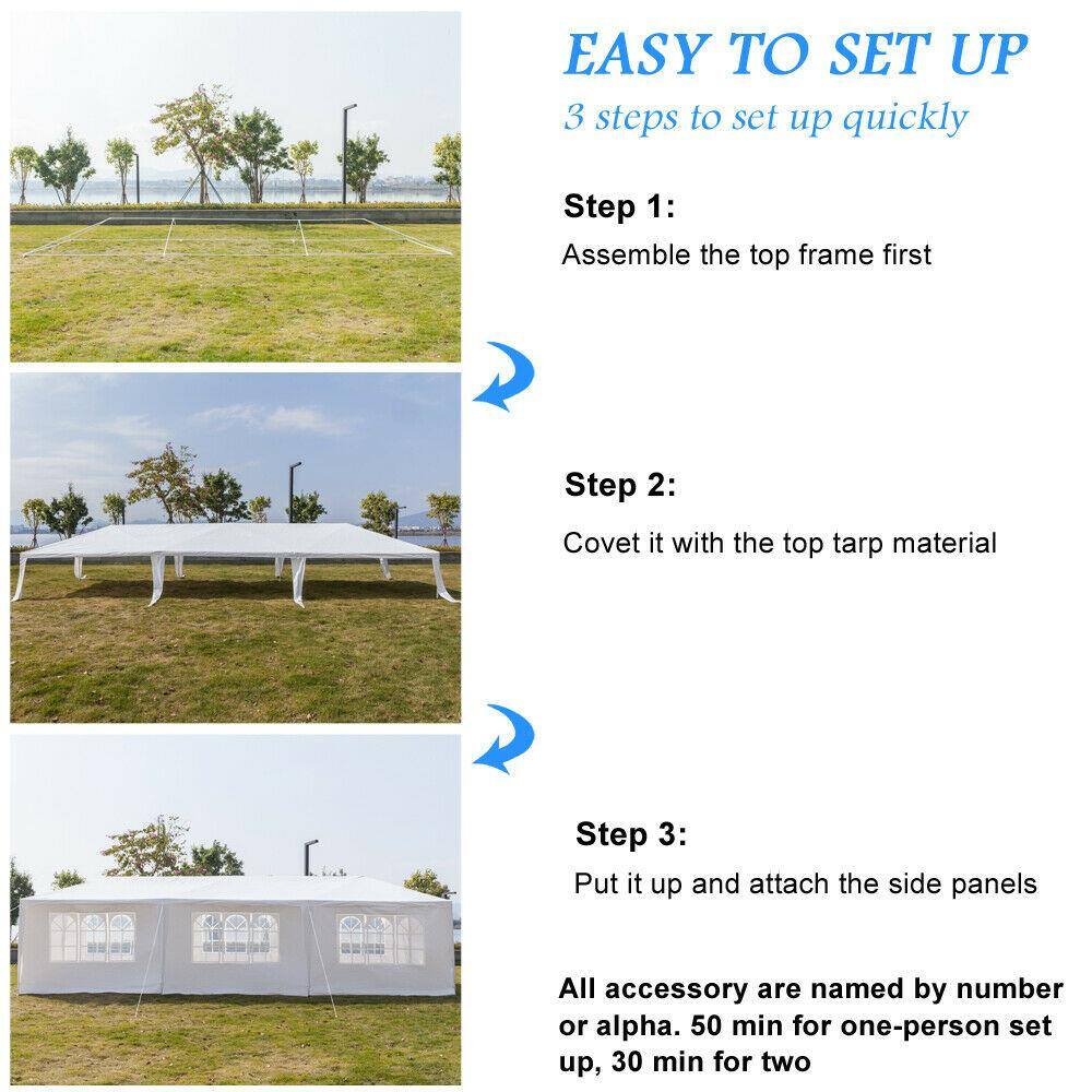 EASY TO SET UP  
3 steps to set up quickly

Step 1:  
Assemble the top frame first

Step 2:  
Cover it with the top tarp material

Step 3:  
Put it up and attach the side panels

All accessory are named by number or alpha. 50 min for one-person set up, 30 min for two