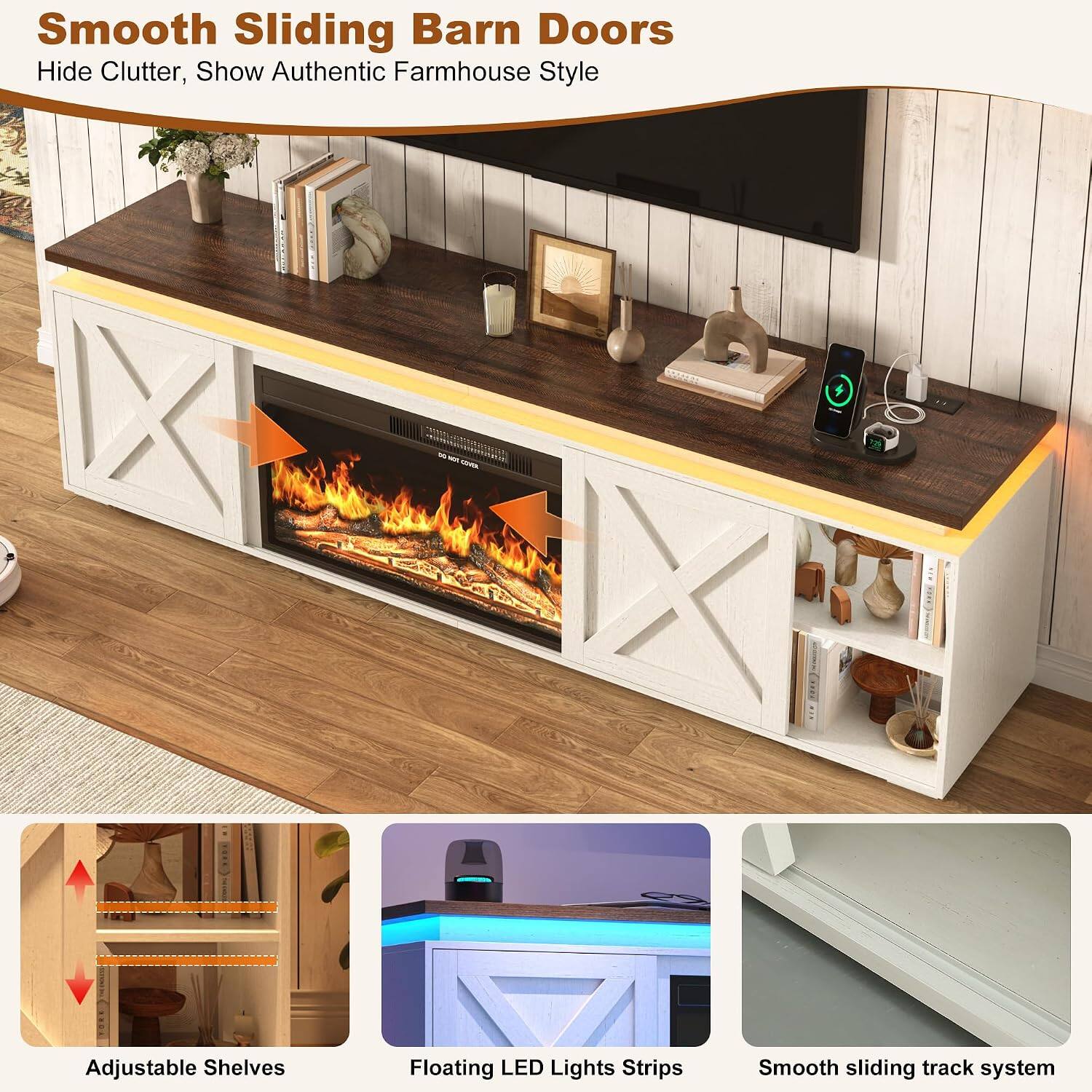 Smooth Sliding Barn Doors Hide Clutter, Show Authentic Farmhouse Style

Adjustable Shelves

Floating LED Lights Strips

Smooth sliding track system