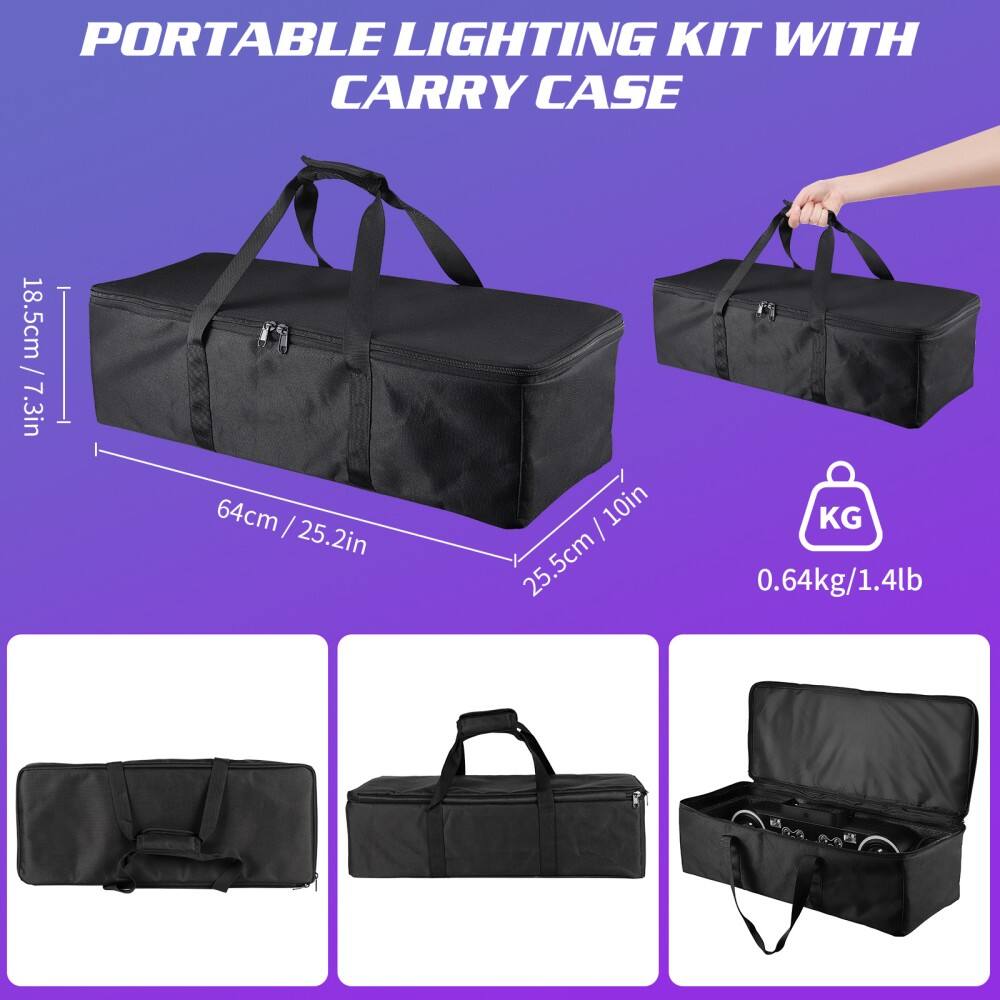 PORTABLE LIGHTING KIT WITH CARRY CASE

18.5cm / 7.3in  
64cm / 25.2in  
25.5cm / 10in  

0.64kg / 1.4lb