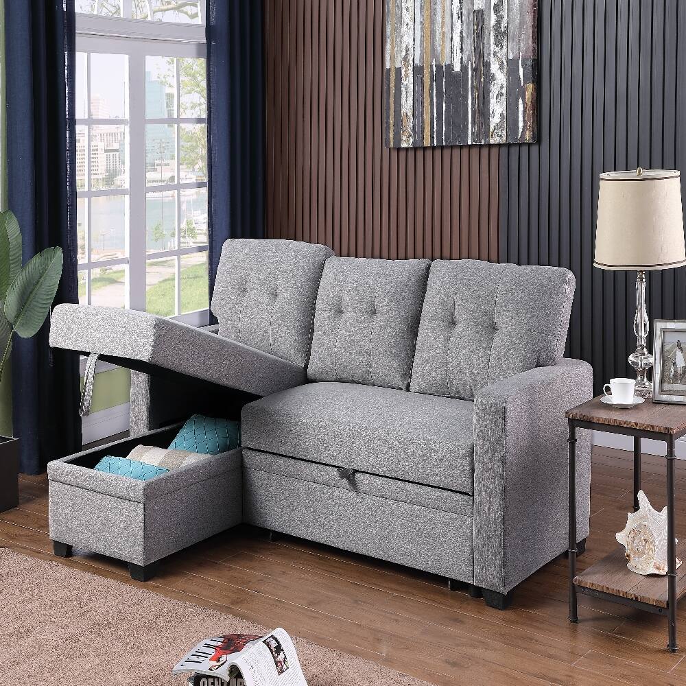 Alt View 9. Loheer - Loheer Pull Out Sectional Sofa Upholstered Sleeper Sofa with Storage Chaise Twin Size Loveseat - Grey.