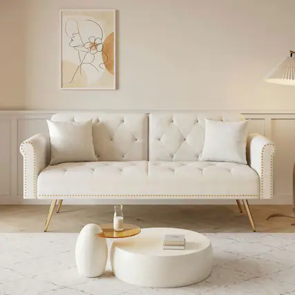 Front. Kadyn - 69.7" Velvet Sofa Bed with Nail Head Trim & Matching Throw Pillow - Beige.