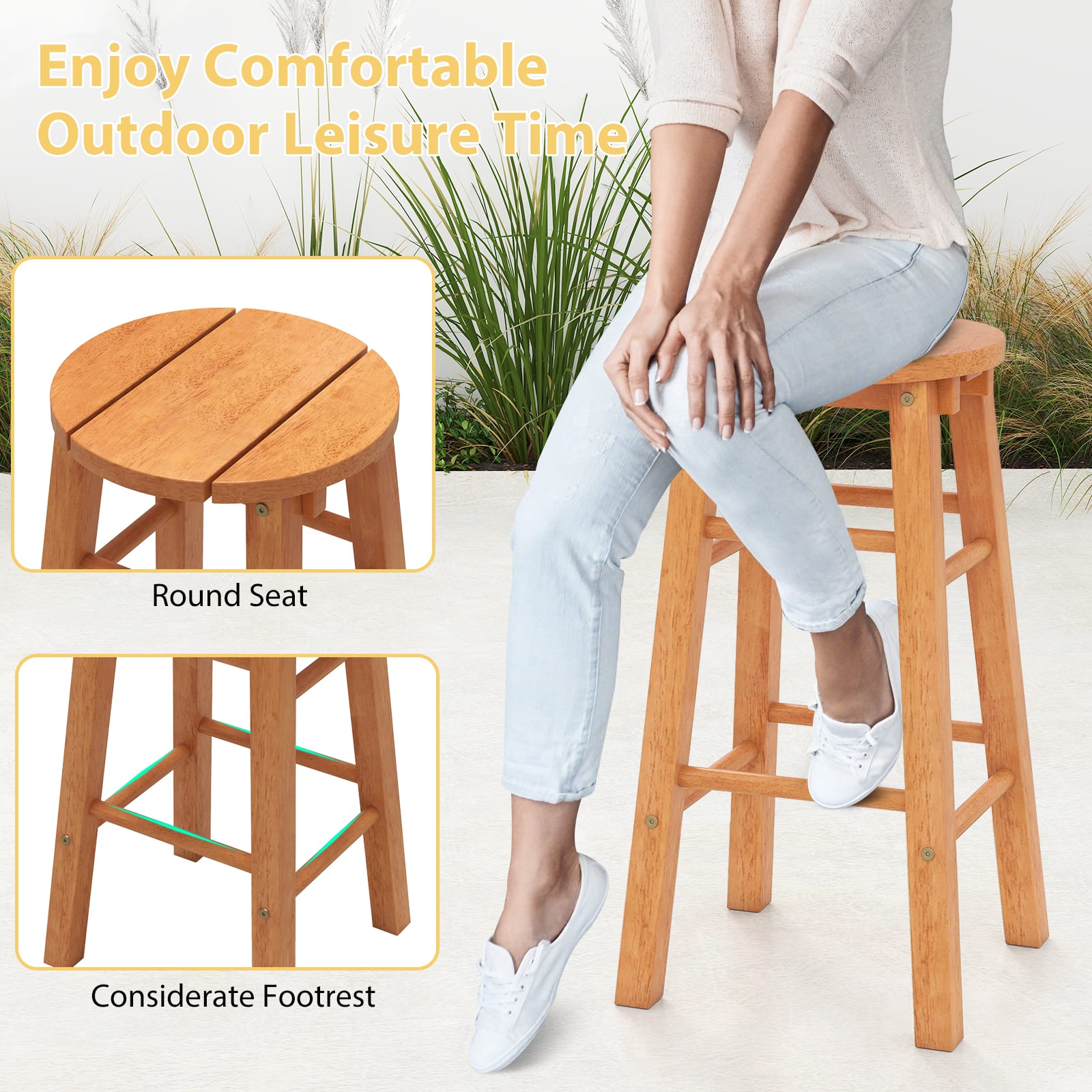 Gymax 24 Inch Outdoor Wood Bar Stools Set of 2 w/ Round Seat