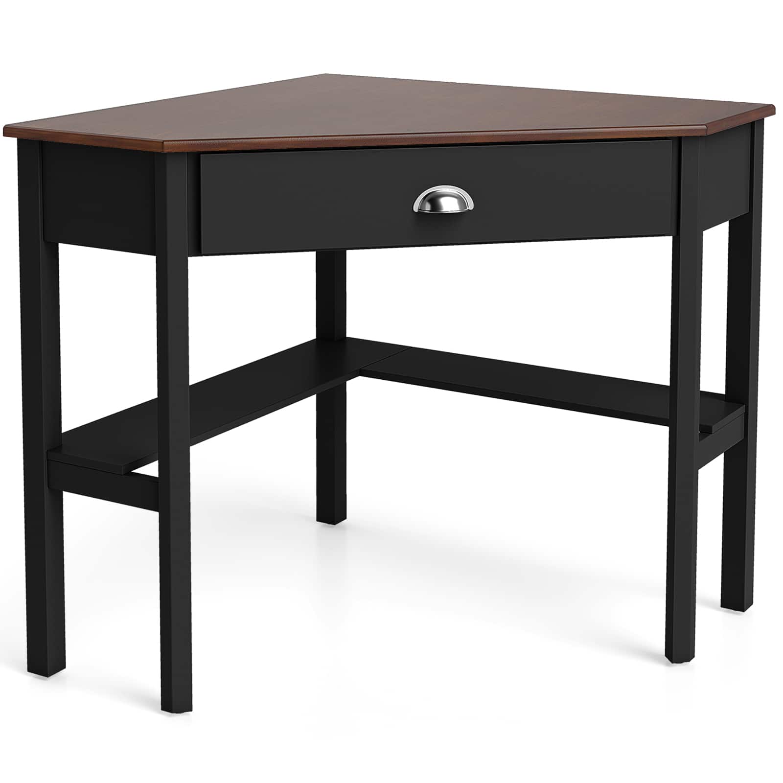Costway - Corner Desk Space-saving Triangular Computer Desk with Storage Drawer & Shelf - Rustic Coffee/Black
