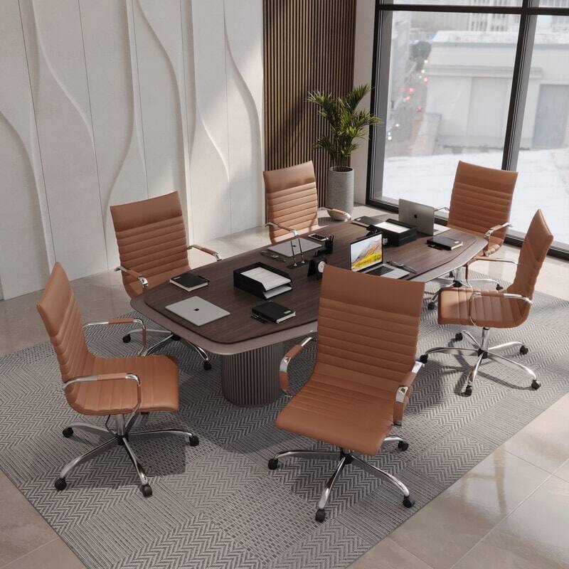 Left. LeisureMod - Harris Modern Ergonomic High Back Leather Upholstered Office Chair, Chrome Metal Frame Armless Desk Chair, Conference - Light Brown.