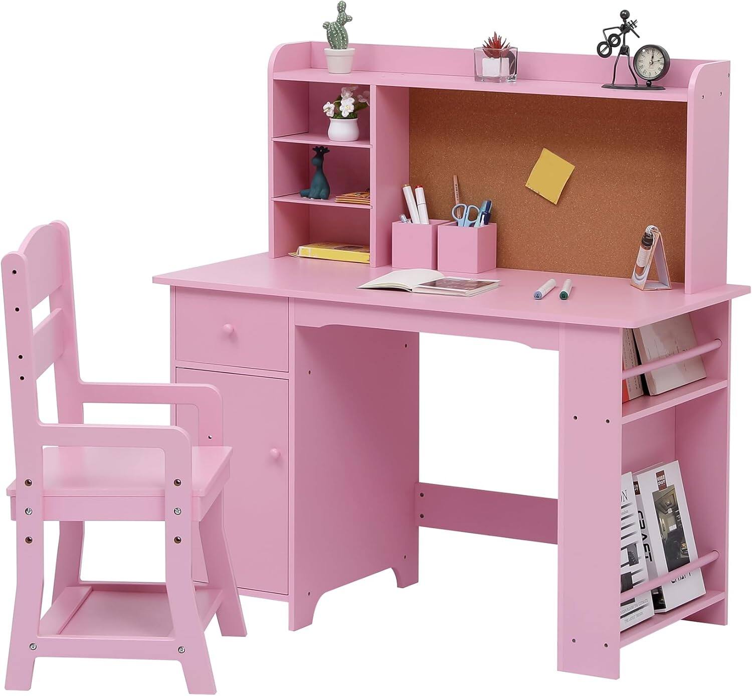 Front. Babevy - Kids Study Desk and Chair Set with Bookshelf, Bulletin Board, Cabinet and Drawer, Wooden Writing Table for Boys Girls - Pink.