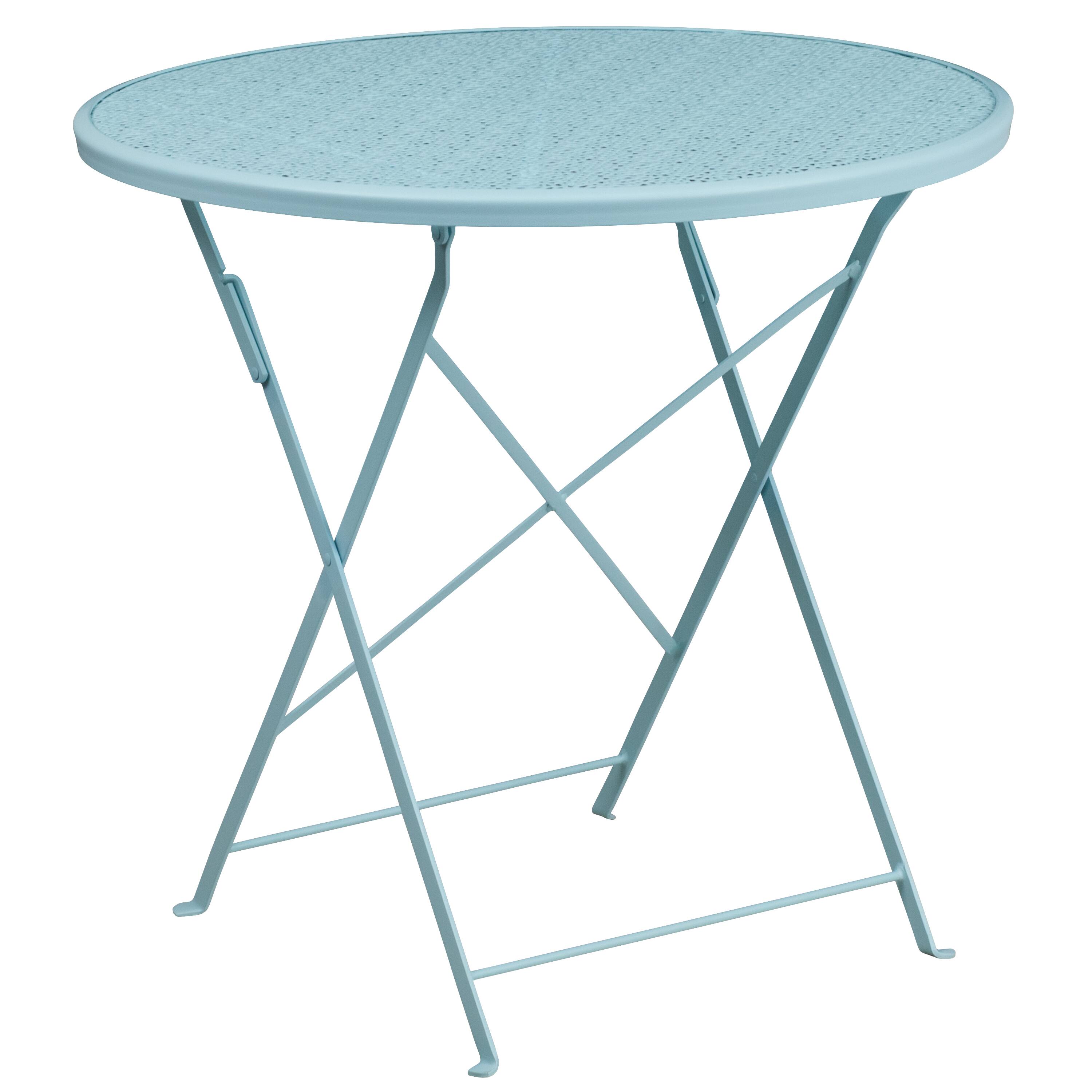 Alt View 3. Emma + Oliver - Commercial Grade 30" Round Metal Folding Patio Table Set w/ 2 Square Back Chairs - Sky Blue.