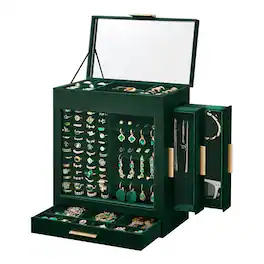 Songmics Home - 5-Layer Modern Jewelry Organizer with 3 Side Drawers and Large Mirror - Forest and Metallic Gold - Green