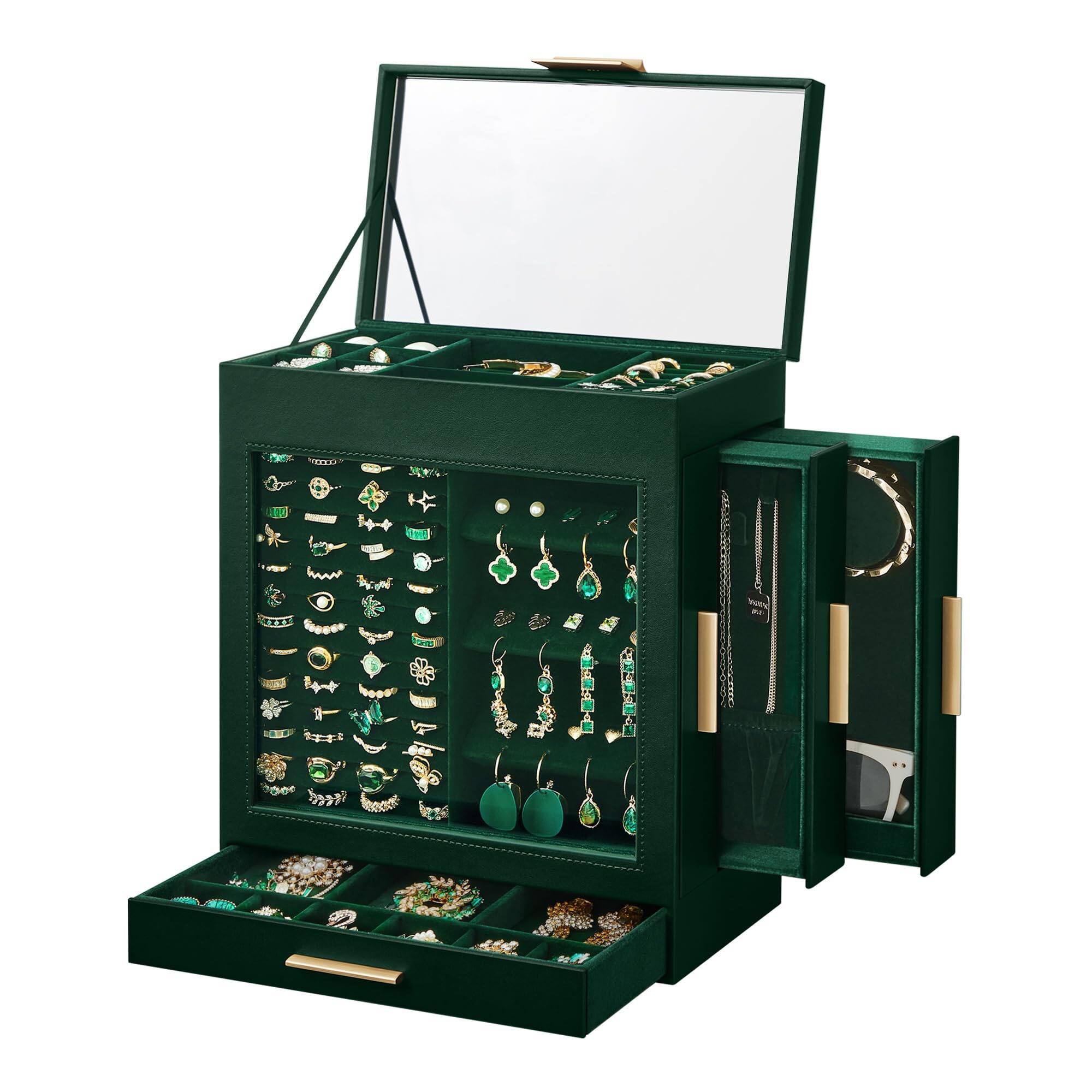 Front. Songmics Home - 5-Layer Modern Jewelry Organizer with 3 Side Drawers and Large Mirror - Forest Green and Metallic Gold - Green.