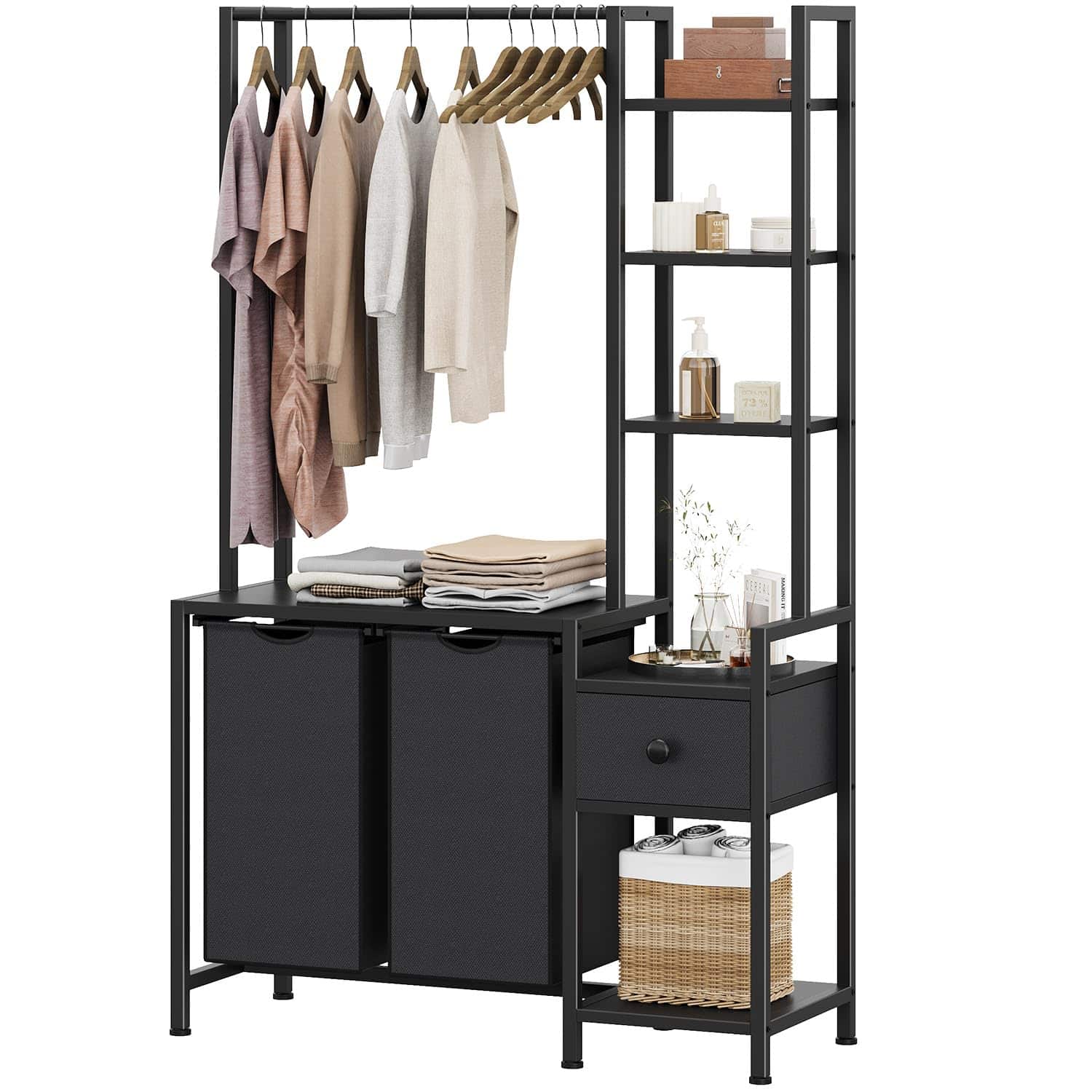 JETRANSPORT - Laundry Hamper With Shelf 5 Tiers Tall Basket Sorter 2 Pull-out And Removable Bags Clothes Rack For Room - Black With Drawer