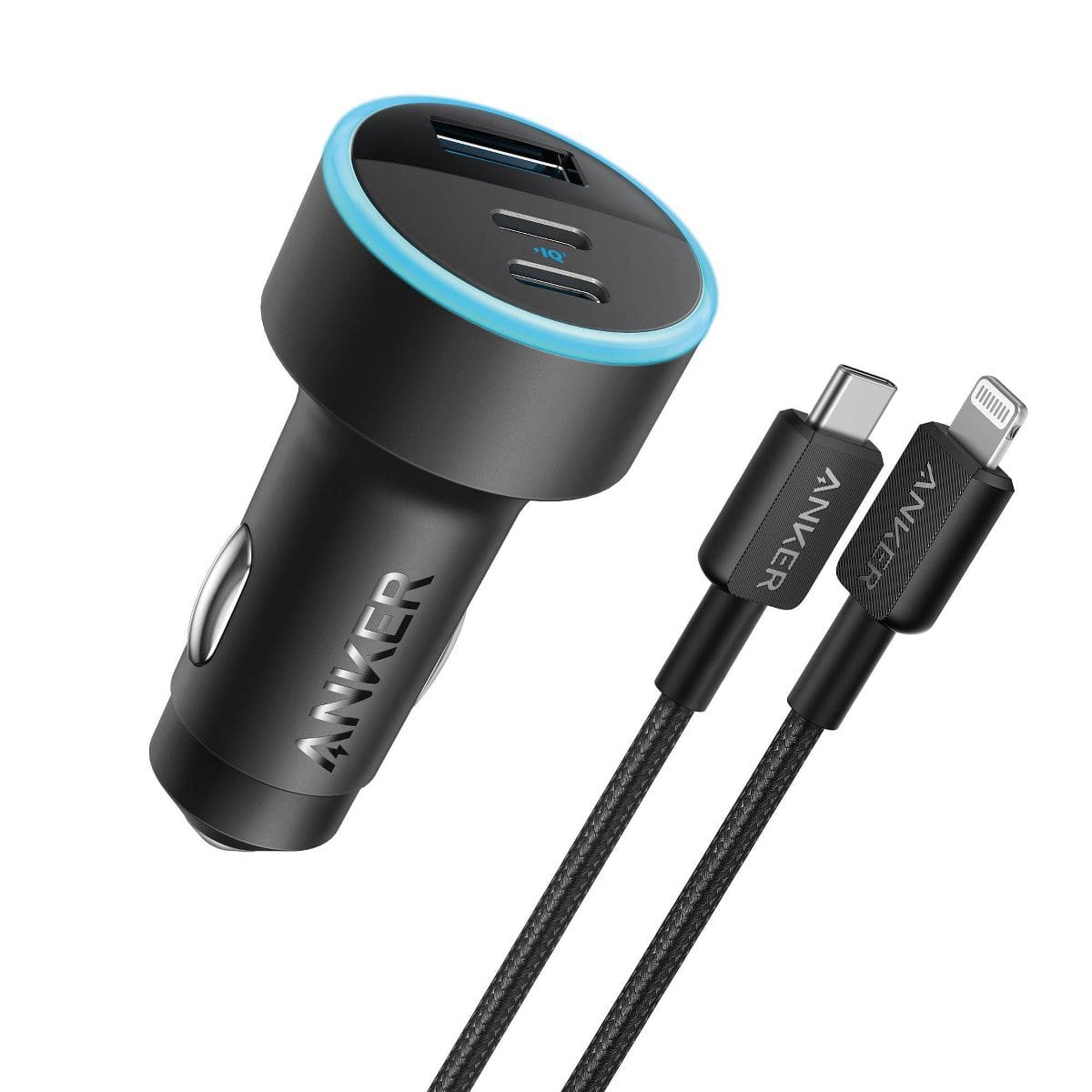 Anker - 3-Port 67W Car Charger with 3' Lightning to USB-C Cable - Black